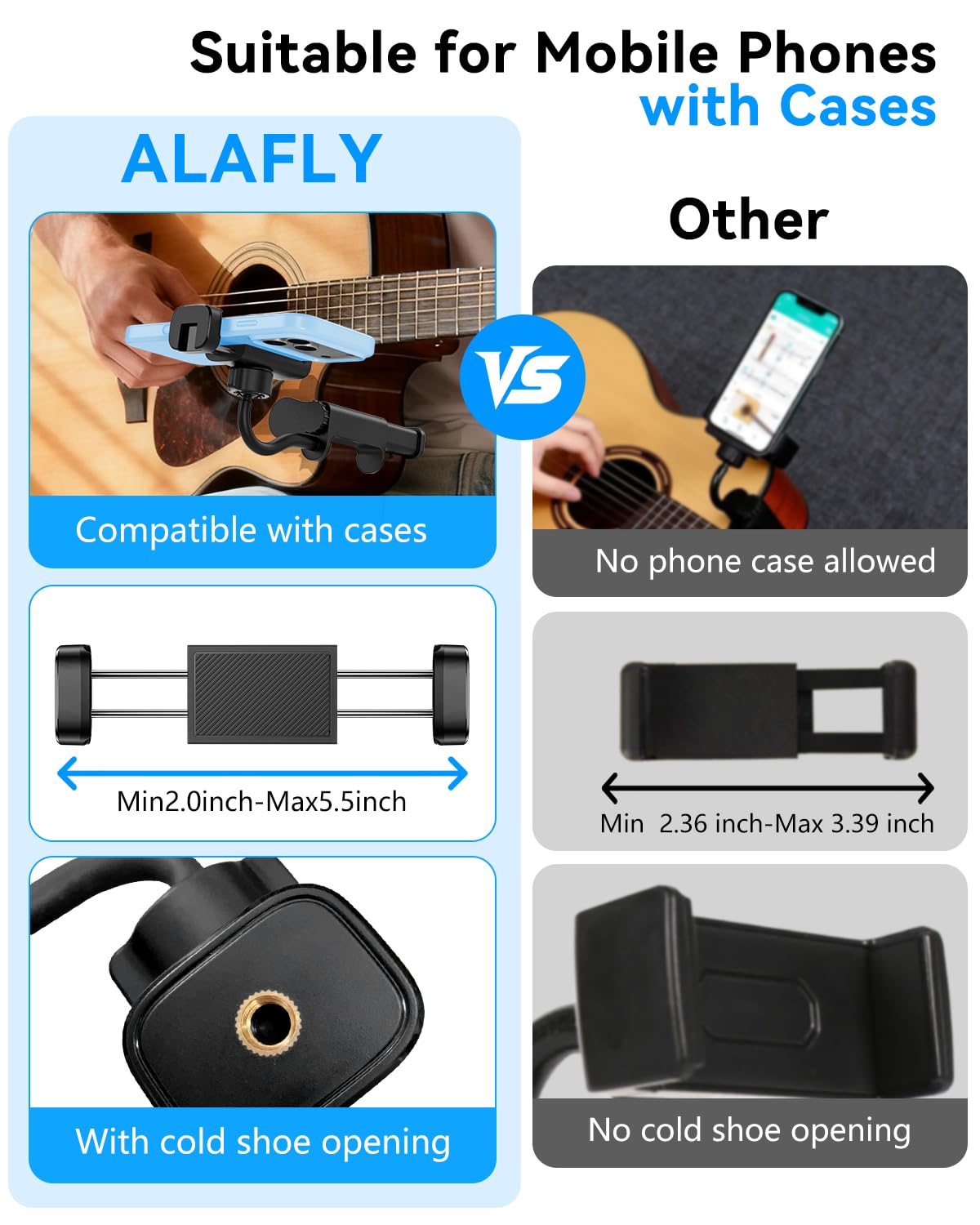 Support de Téléphone pour Guitare- Support Universel pour Smartphone pour Guitare, Basse, Ukulélé, Rotatif à 360° et Réglable, Idéal pour La Diffusion en Direct et l'enseignement en Ligne