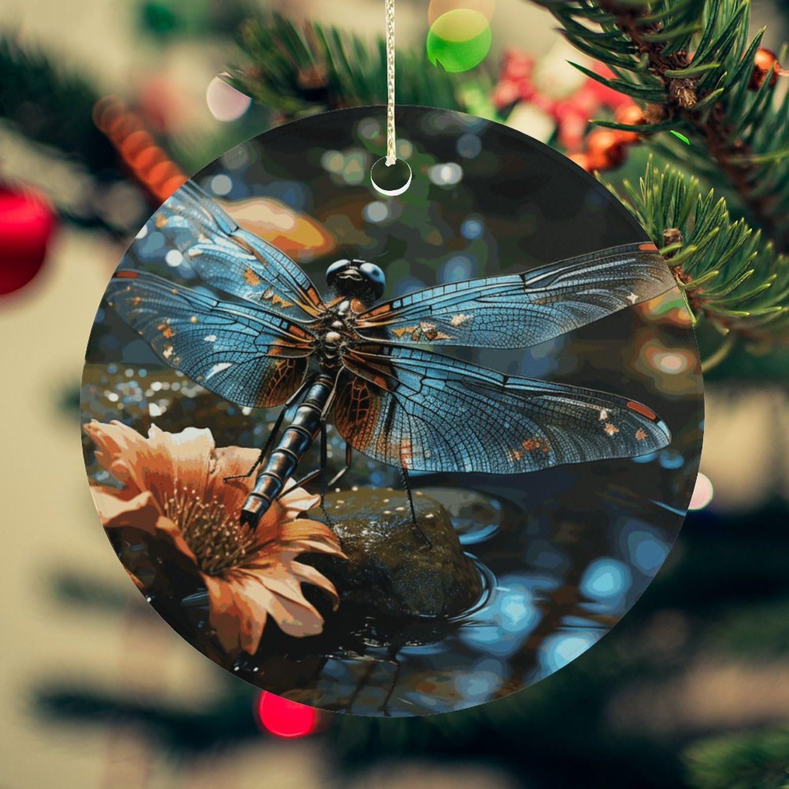 Dragonfly Flying on The Pond Christmas Ornament for Christmas Tree Ceramic Round Ornament Winter Holiday Keepsake Gift 2.7" Christmas Tree Hanging Decorations Circle Ceramic Pendant Xmas Gift