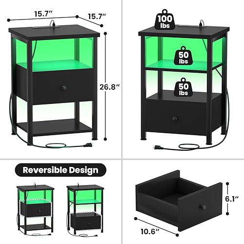 Miniatura 3 de Juego de 2 mesitas de noche con luces LED, soporte de noche de 3 niveles con estación de carga, mesa auxiliar con cajón de madera ajustable, mesita