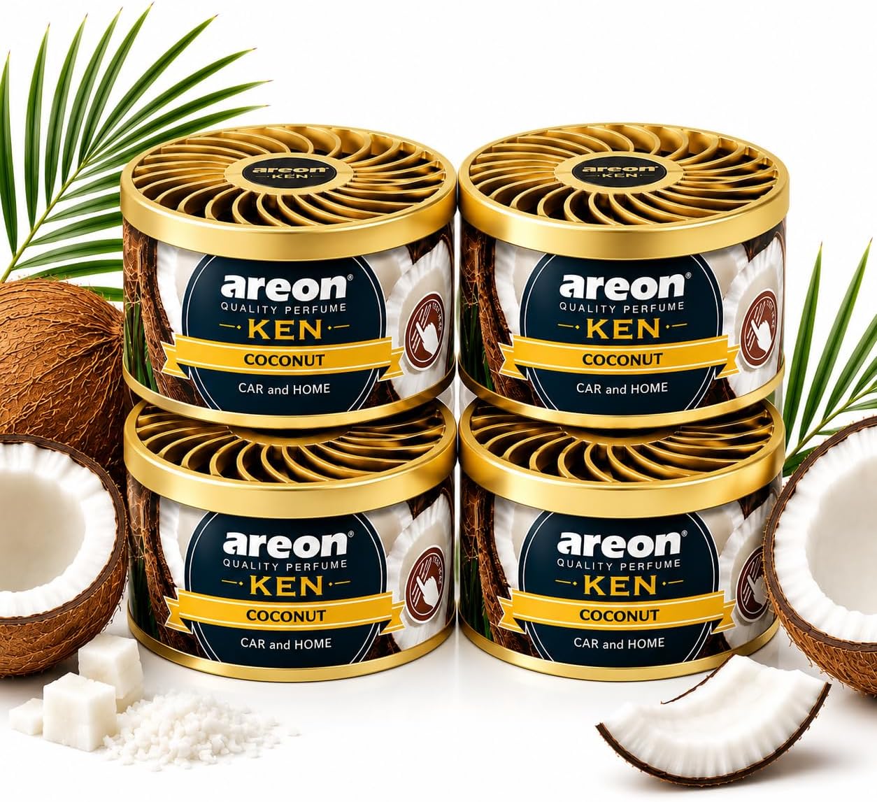 AREON Ken Car Air Freshener - Coconut Scent, Long-Lasting Fragrance - Portable Fragrant Deodorizer with Adjustable Odor Output - Automobile Accessories & Essentials - 1.23 Oz. Cans, Pack of 4