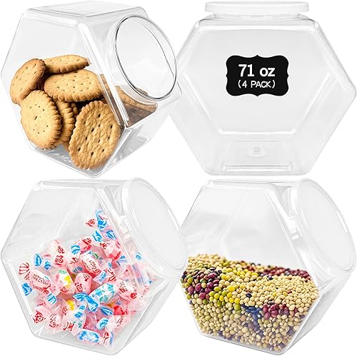 Miniatura 8 de 3 tarros de plástico para caramelos, tarros de galletas transparentes de 71 onzas para encimera de cocina, tarros de galletas hexagonales con tapas,