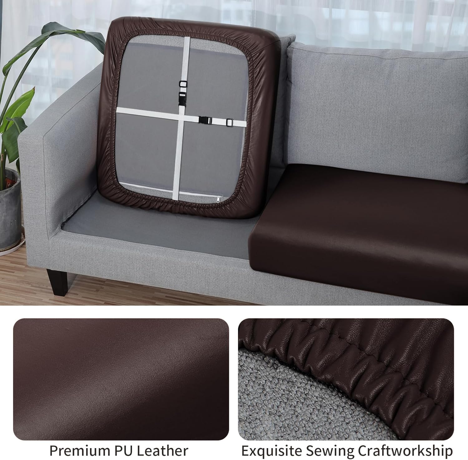 Fuloon PU Leather blend Couch Cushion Slipcover, Waterproof Stretch Covers for Sofa, RV Chair Seat Cover, Individual Loveseat Couch Cushion Replacement, PU Leather Sofa Slipcovers(2 Pack, Brown)