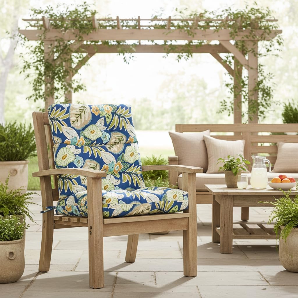 Outdoor Tufted High-Back Chair Cushions, One-Piece Hinged Seat and Back Design, Reversible with 4 Ties, Durable Polyester Fabric, Recycled Fiber Fill - Single, Marlow Blue Floral