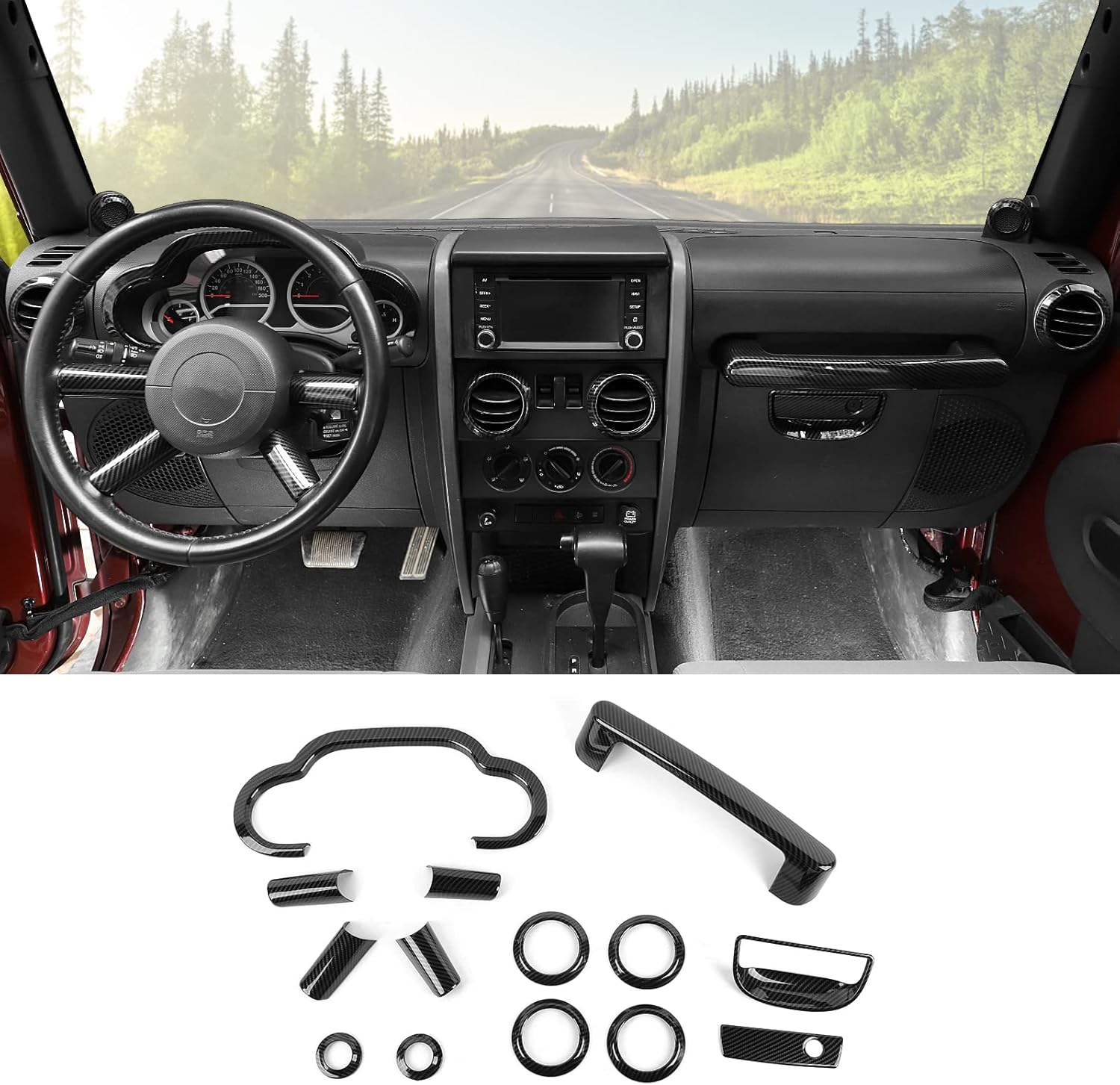 Carbon Fiber 14PCS Full Set Interior Trim Kit for 2007-2010 Jeep Wrangler JK JKU,Air Outlets A Pillar Speaker Glove Box Handle Dashboard Cover Trim