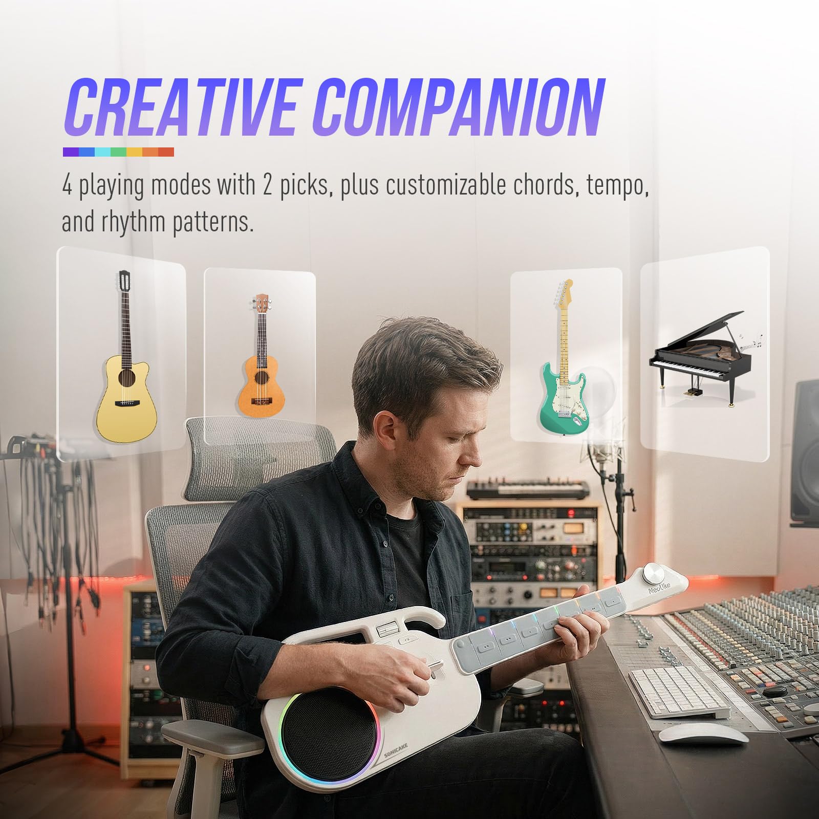 SONICAKE Chitarra Intelligente Senza Corde, Ukulele Digitale con Tastiera Illuminata per Principianti, Strumento da Viaggio Portatile con Altoparlante BT 10W Integrato, Auto Accompagnamento e App