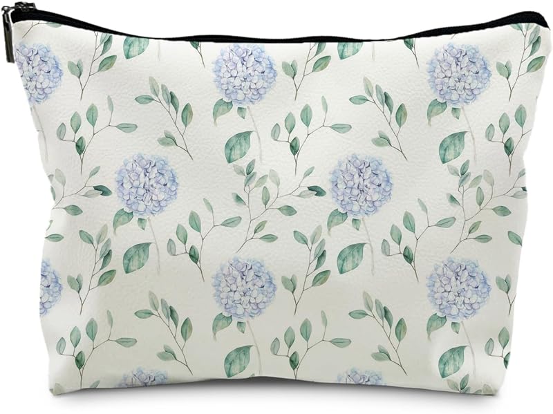 Necessaire de maquiagem floral Blue Hydrangea RYYCDOI Coquette em PU, 25,4 x 19,05 x 0,76 cm
