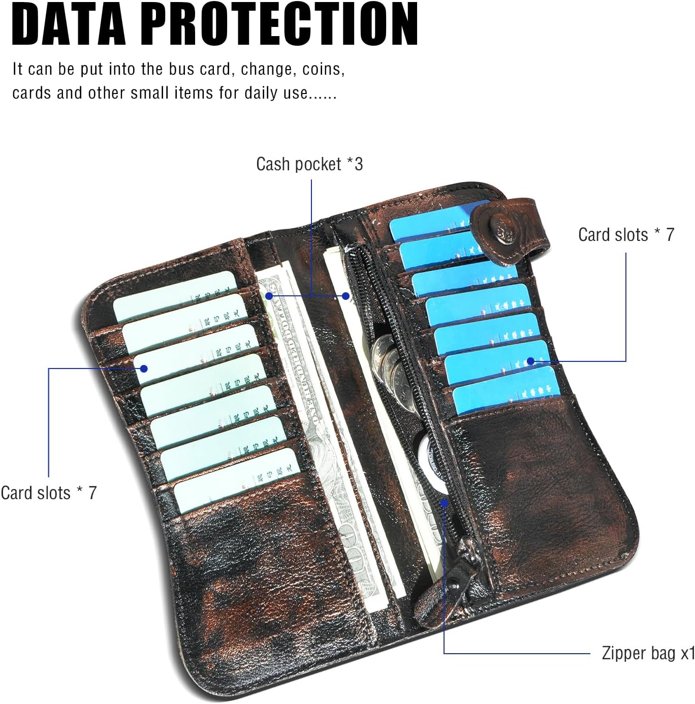 Genuine Crazy Horse Leather Travel Gift Coin Pocket Card Case Long Organizer Chain Rfid Wallet Purse With Snap For Men Male 1088 (1088 Coffee) - Image 5