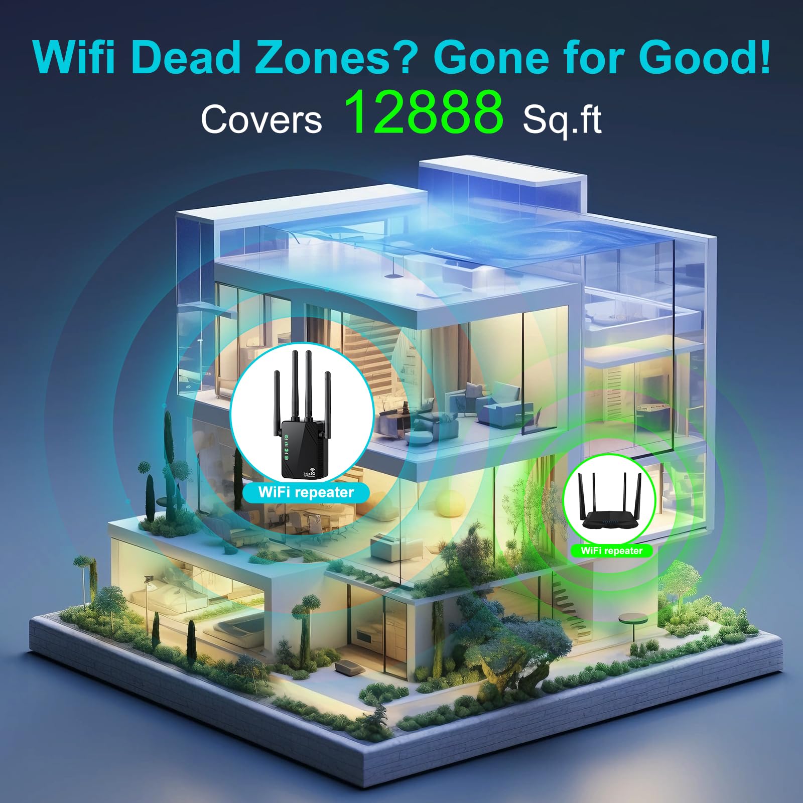 WiFi Extender Signal Booster for Home, Dual Band 1200Mbps Internet Extender WiFi Booster Up to 12888 Sq.ft Coverage and 105 Devices, WiFi Repeater with Ethernet Port, Easy Setup - 3