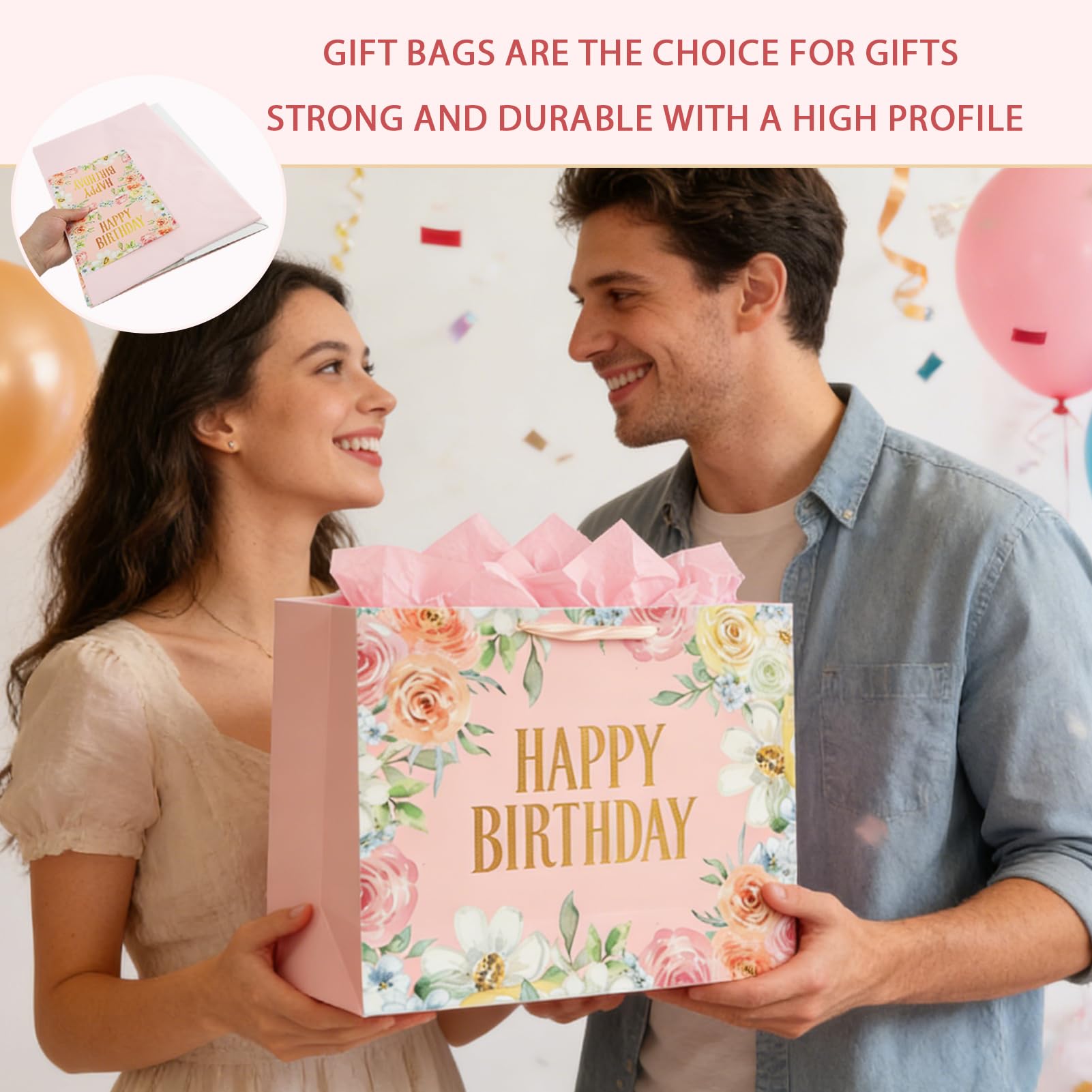 LUCTHY Large Birthday Gift Bag with Handles, 3 Tissue Papers, Card, Pink-1 - Image 7