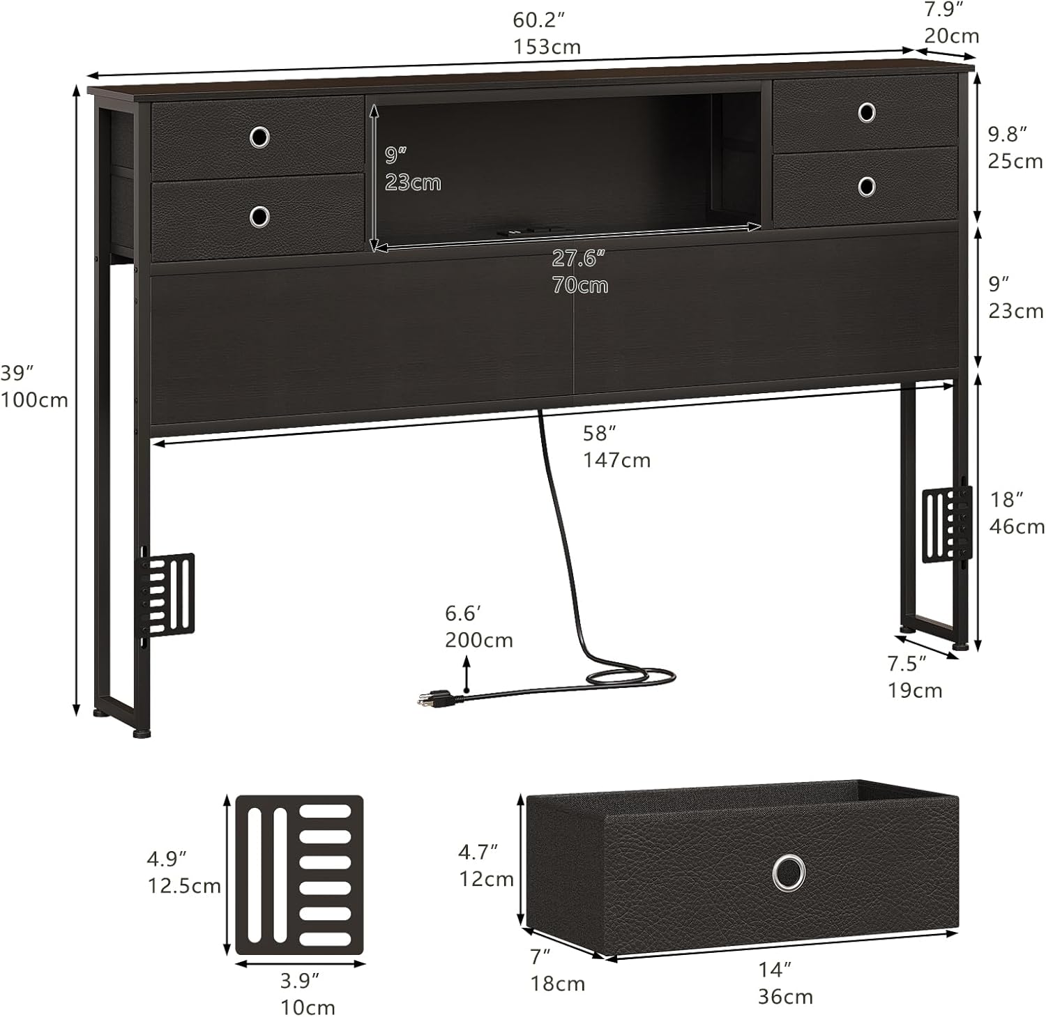 GiftGo Queen Size Headboard with 4 Fabric Storage Drawers Charging Station LED Light Adjustable Height Storage Rack Sturdy and Stable Metal Frame & Wood Shelf (Black, Queen (U.S. Standard))
