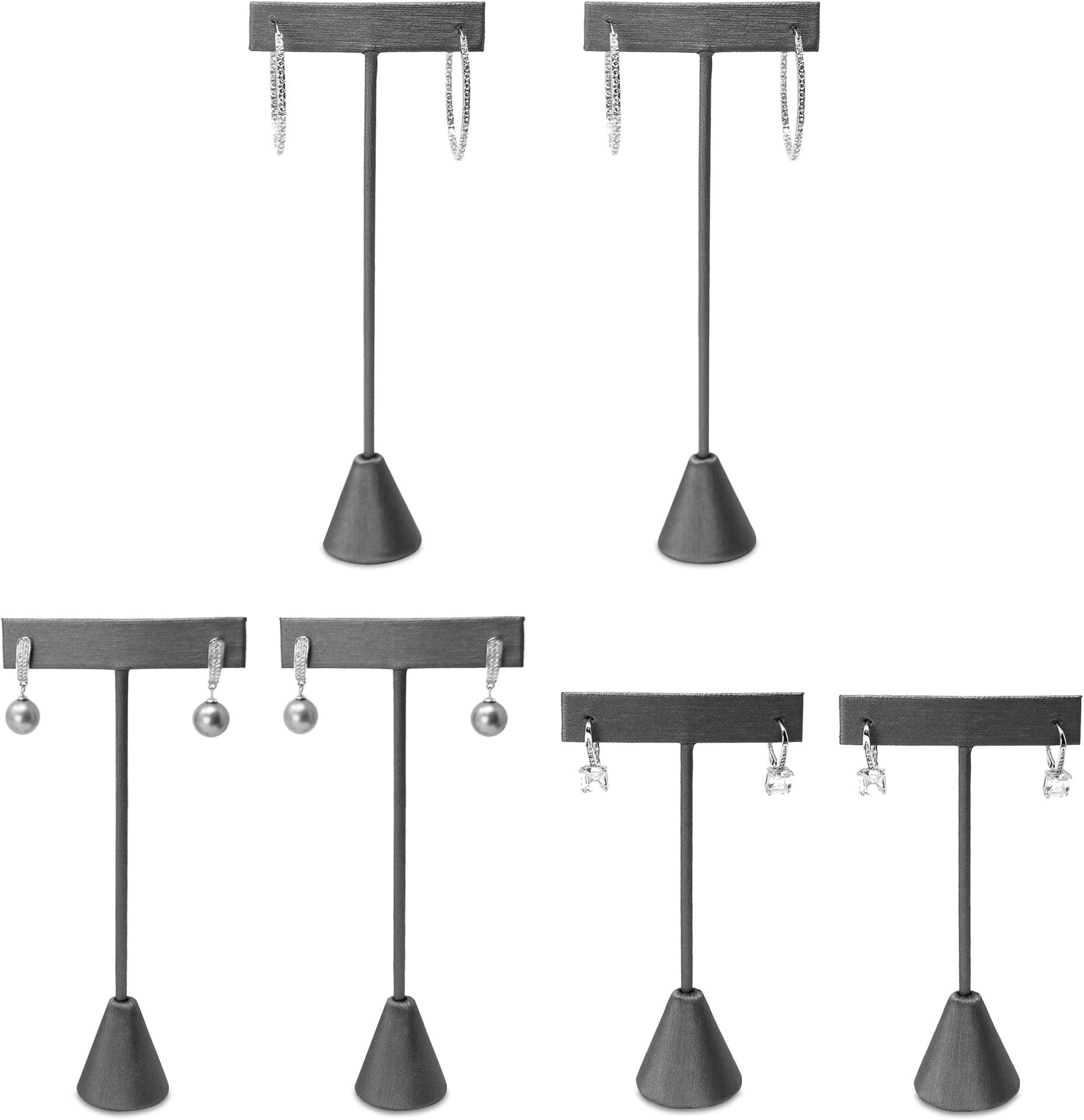 Ikee Design 6pcs Set Steel Grey Leatherette Earring T Stand Display Set with 3 Different Heights, T Shape Jewelry Earring Showroom and Tradeshow Showcase Displays, 4.5 H in; 5.75 H in; 6.75 H in