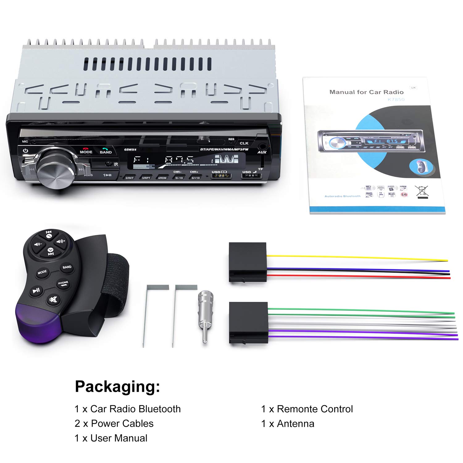 RDS Autoradio Bluetooth Freisprecheinrichtung, Lifelf 1 DIN Radio Stereo 4 x 65W Empfänger mit MP3 Player Zwei USB-Anschlüsse WMA FM Fernbedienung, Unterstützung für iOS, Android (Keine CD)