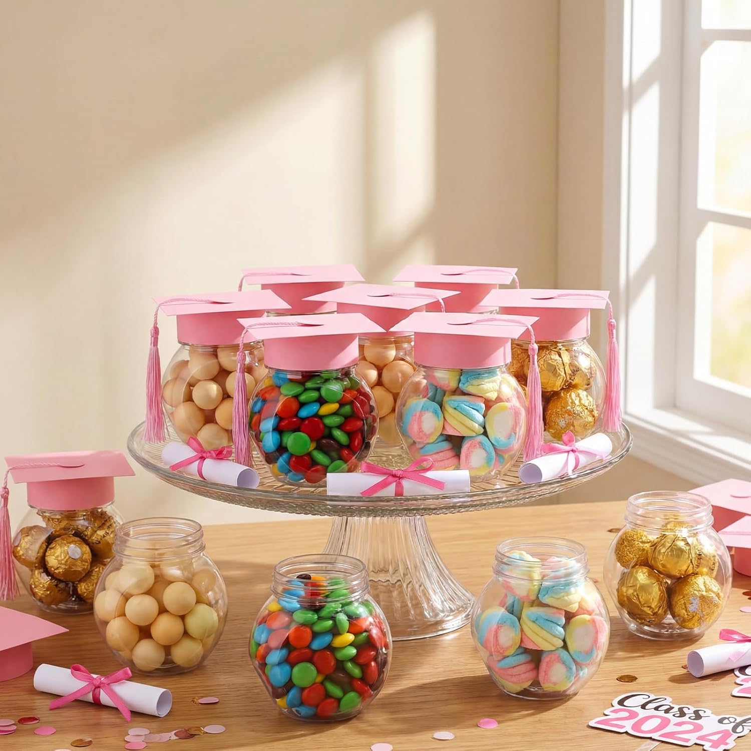 Teenyyou 24 Pcs Pink 2026 Graduation Cap Candy Jars Graduation Party Favors Candy Containers Bulk Grad Cap Box Jars Container with Tassels for DIY Table Party Supply Gifts