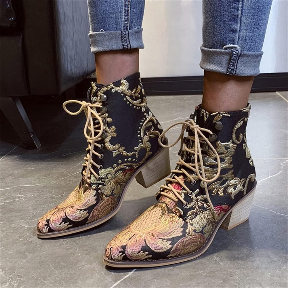 HOTRA Ankle Boots for Women with Stacked Heel Floral Embroidered Block Heel Cowboy Boots Pointed Toe Lace Up Boots (Color : Black, Size : 9 US)