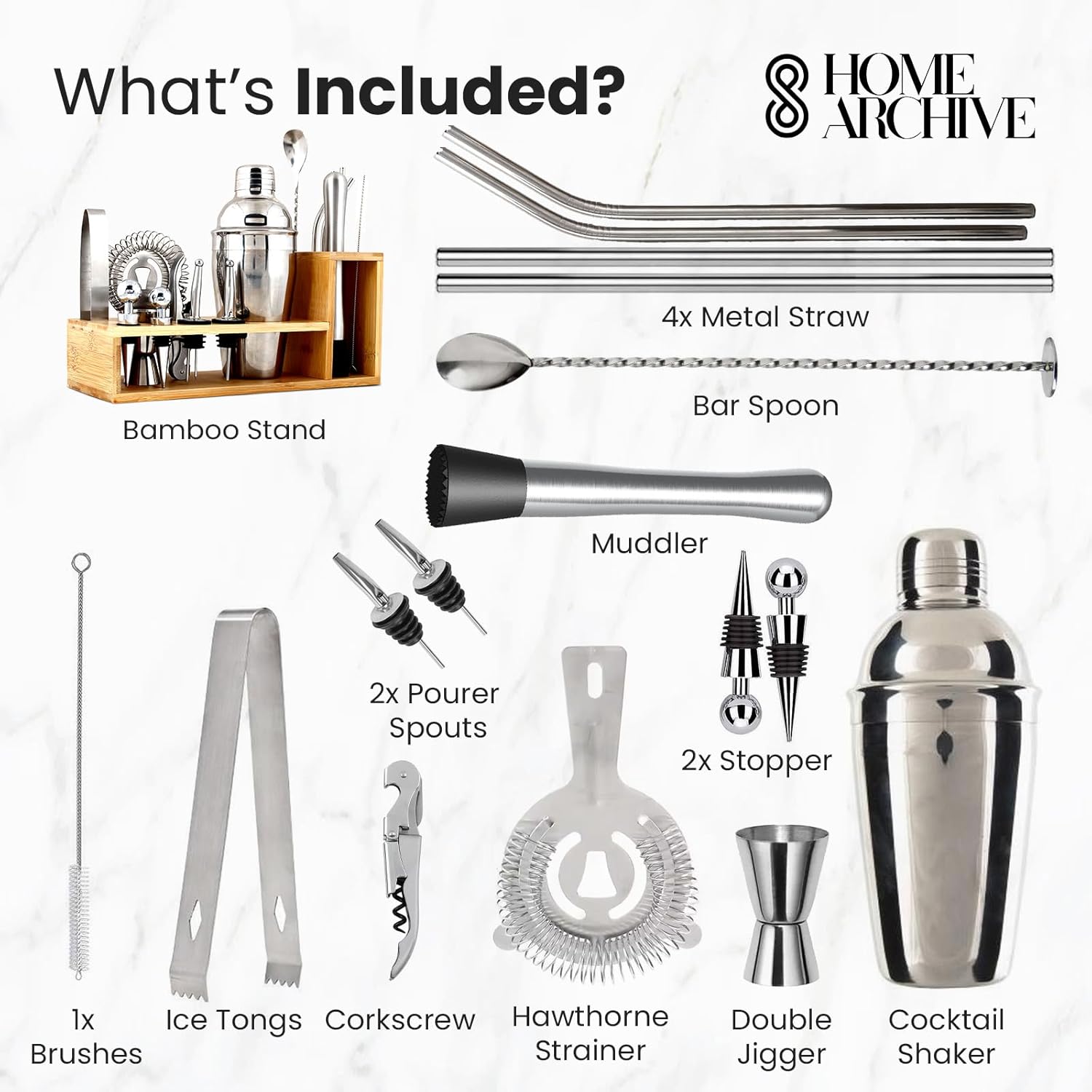 26-Piece Bartender Kit Cocktail Shaker Set | Stainless Steel Bar Set with Bamboo Stand Bar Tools Cocktail Kit for Kitchen, Drink Mixing, Home, Bar, Party, Gift Bartending Kit
