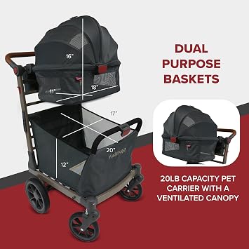 Wadabuggy Pet Foldable Cart - Luxury Cat & Dog Stroller with Extra Large Shopping Basket, Cup Holders, Ventilated Canopy - Easy Fold Pet Stroller for Cats & Dogs