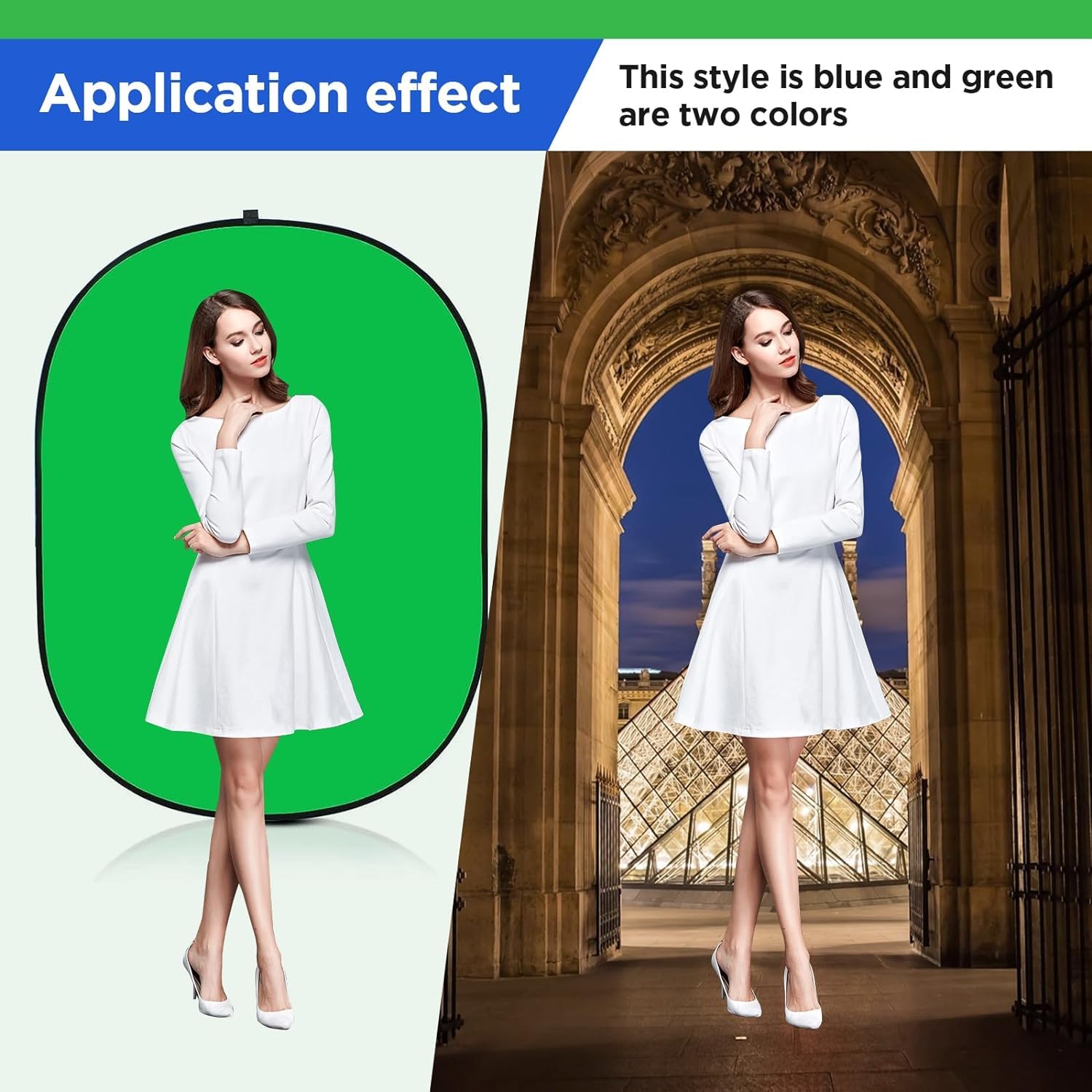 Sfondo Chromakey da 1,5 x 2 m, schermo verde 2 in 1 e schermo blu, sfondo pieghevole pop-up reversibile per studio fotografico, live streaming, riprese video, YouTube (verde/blu)