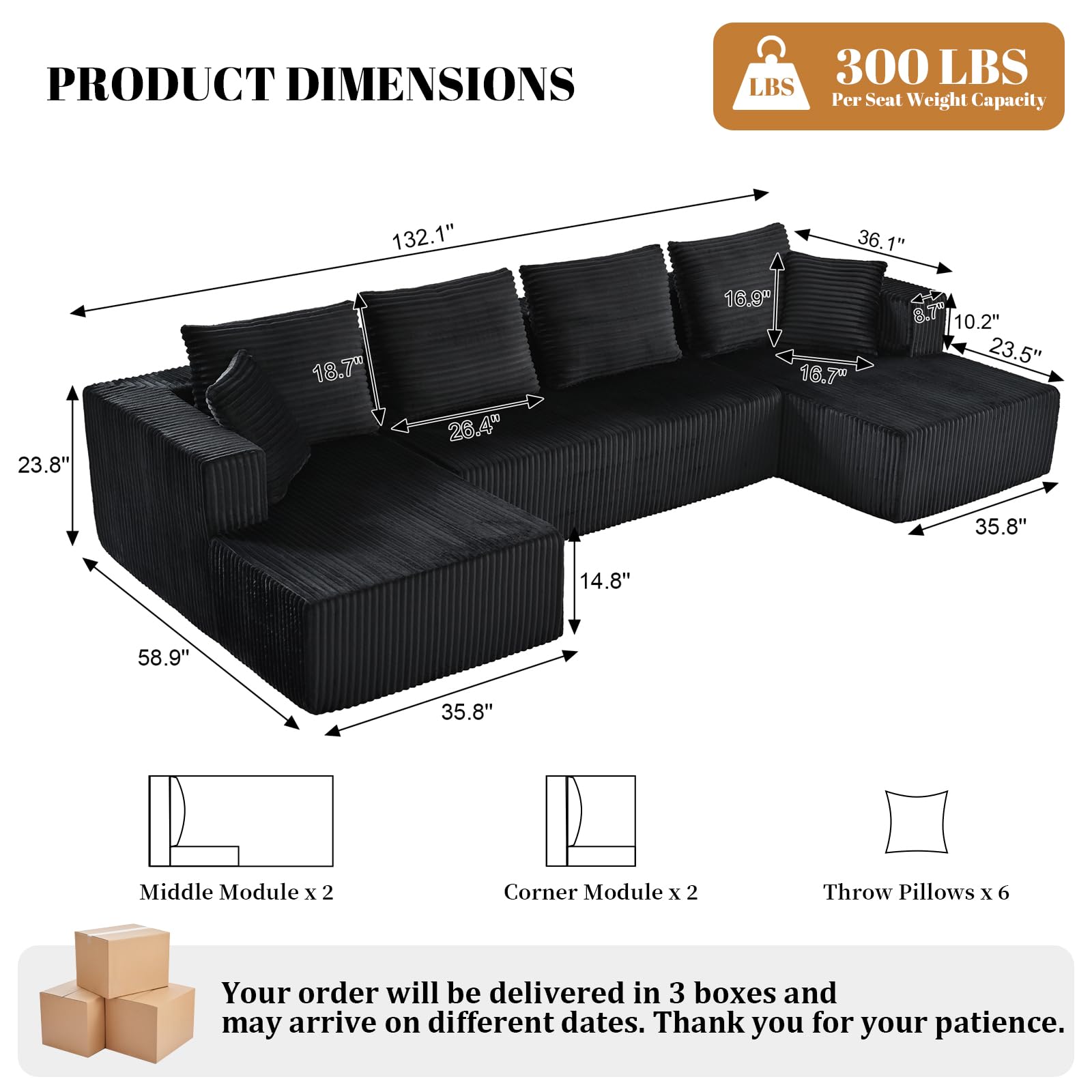 132" U Shaped Modular Boneless Sectional Couch, Corduroy Cloud Sofa | Oversized Sofa with Chaise, No Assembly Required, for Living Room, Black