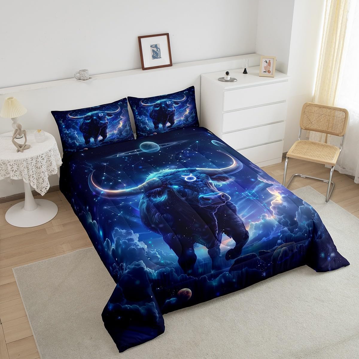 Taurus Comforter Set,12 Constellations Zodiac Bedding Set for Kids Teens,Galaxy Cloud Starry Sky Quilt Set,Duvet Insert 2 Pcs with 1 Pillowcase,Toddler