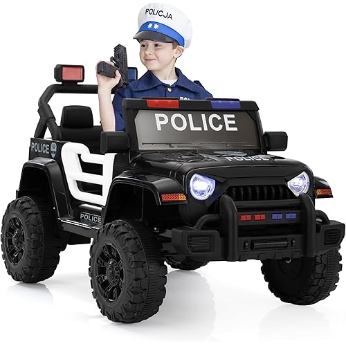 TOBBI Electric Cars for Kids Police Car Ride on Toy with Remote Control 4 Wheels Battery Powered Vehicles Cop Truck w/Music, Headlights for Toddlers to Drive, Black