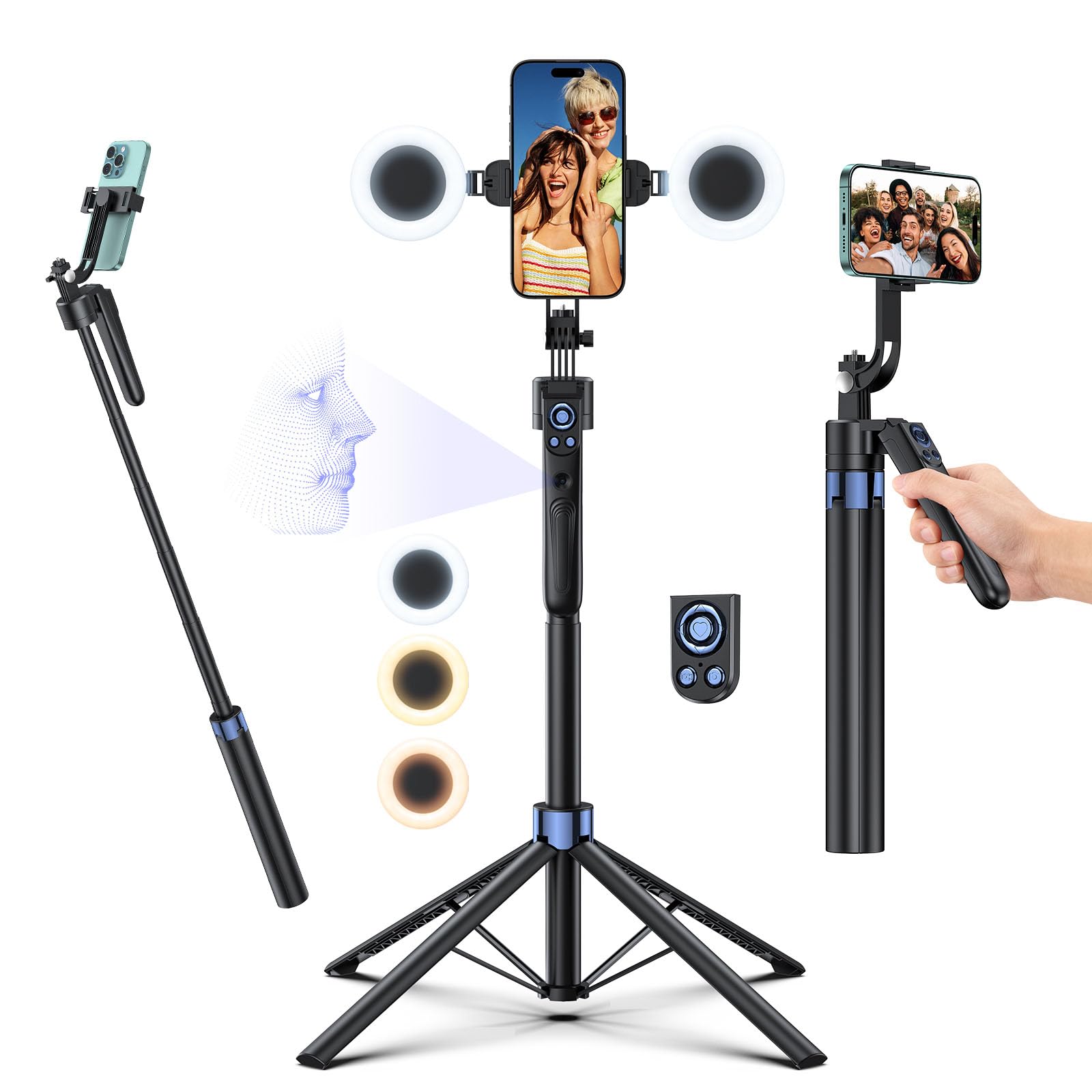 Smart Face Tracking Tripod Selfie Stick with LED Light, 360° Rotating 70" Phone Camera Stand with Bluetooth Remote, Perfect for Video Recording, Live Broadcast, and Social Media Content