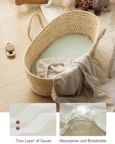 Miniatura 4 de Momcozy Juego de 2 sábanas ajustables de muselina, de algodón natural suave y transpirable de 32 x 16 pulgadas, envoltura de colchón de 360,