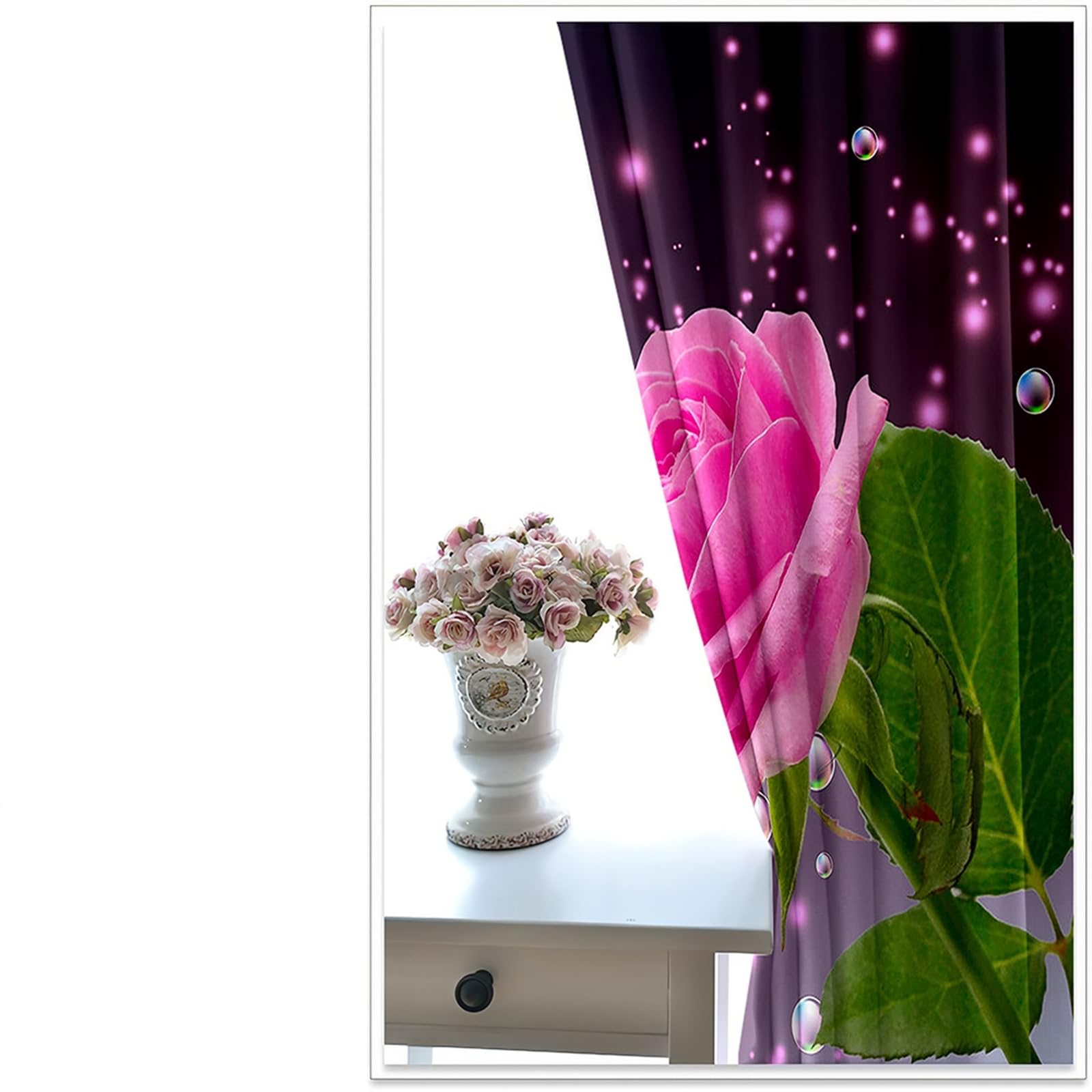 Verdunklungsvorhänge mit Ösen, 244x229cm Grün Rosa Dunkelviolett Rosa Rose und Wassertropfen Vorhang für Wohnzimmer/Schlafzimmer