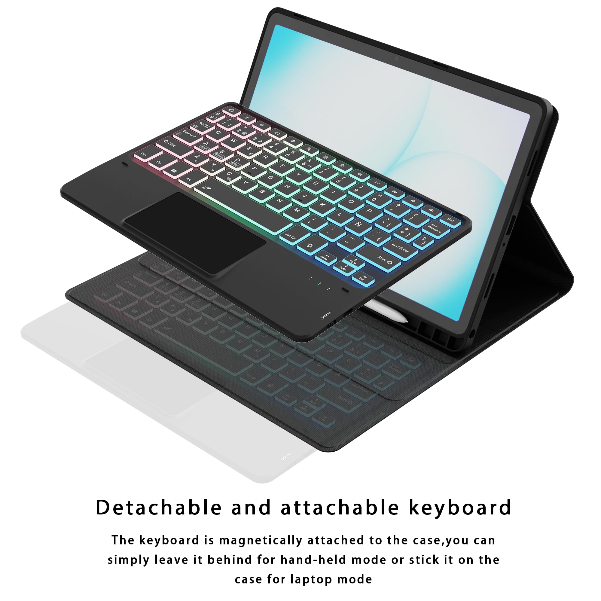 Funda con teclado Para Samsung Galaxy Tab A11 Plus 2025/A9+ Plus de 11 pulgadas: Teclado retroiluminado de 3 zonas y 7 colores para tableta A9+/A11+ 5G de 11" - Desmontable QWERTY Español Ñ Teclados