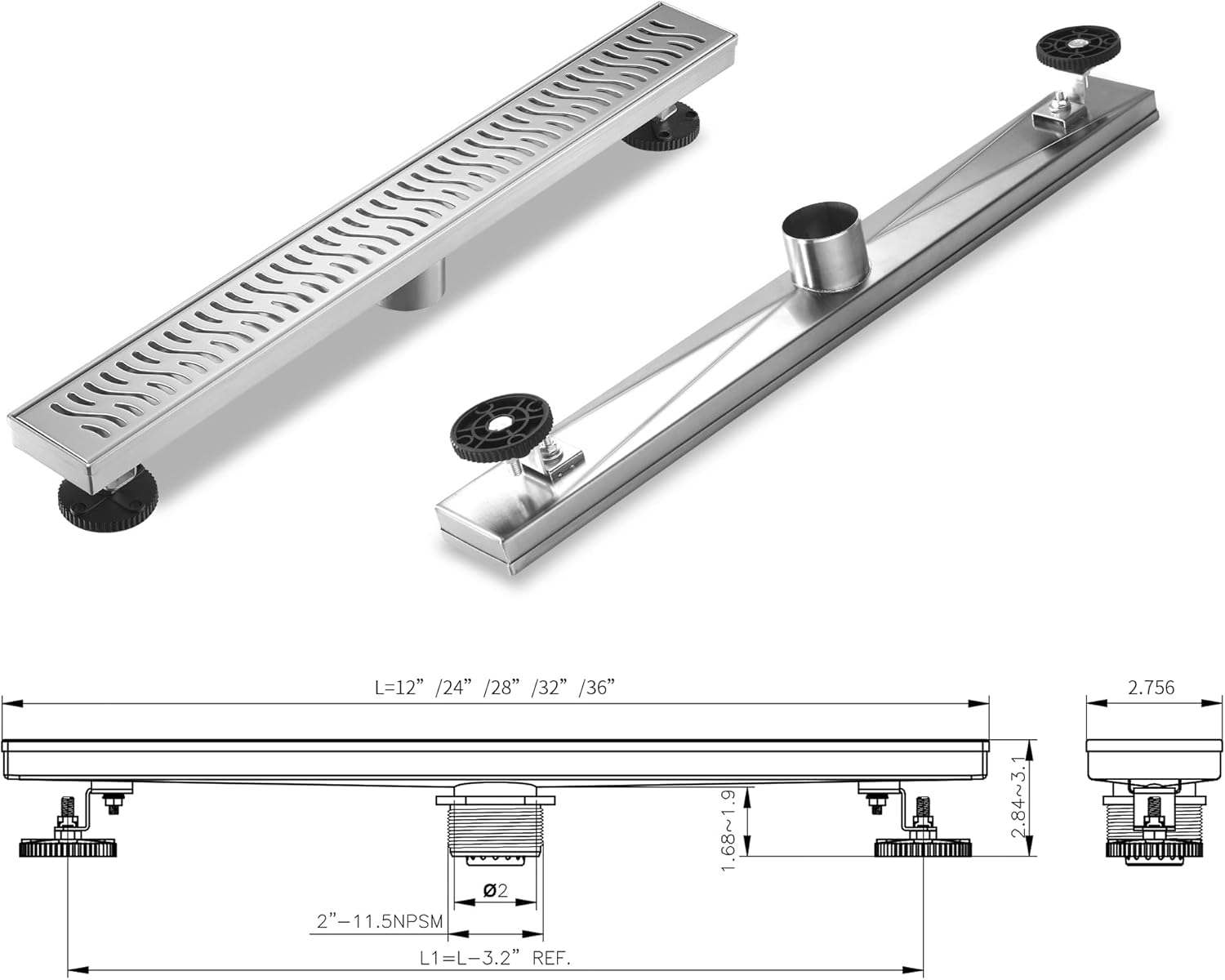 Linear Shower Drain 24 inch, Floor Drain with Removable Pattern Grate, 304 Stainless Steel Rectangular Linear Drain with Hair Strainer, CUPC Certified, Brushed Nickel, SD-103
