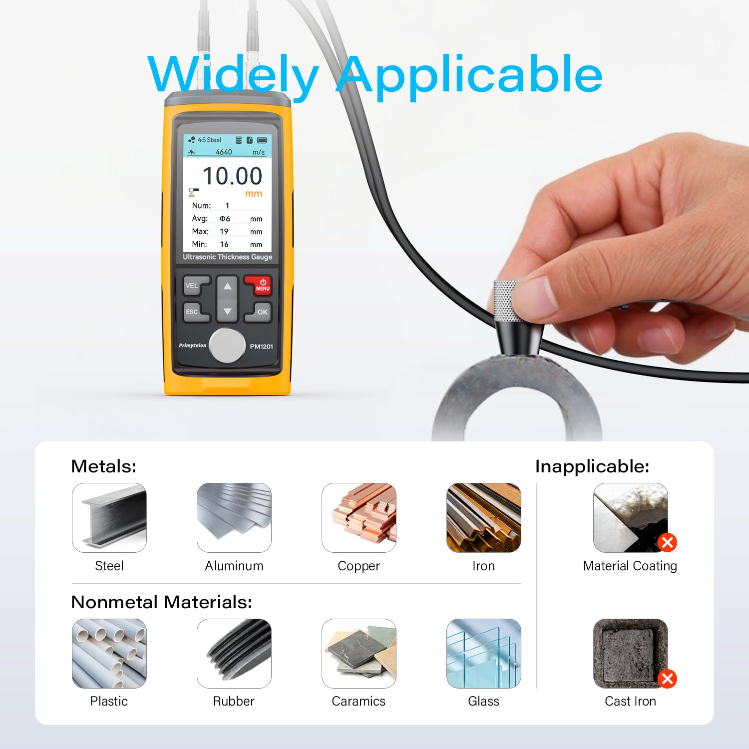Ultrasonic Thickness Gauge PM1301,Range 0.039 to 11.811 inch, Digital Metals Thickness Tester, Steel, Metals, Plastic, Glass, PVC, Pipes (PM1301D)
