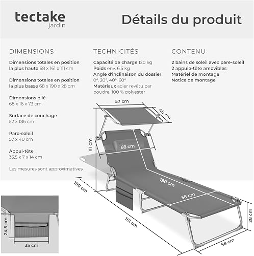 tectake® Set of 2 Folding Sun Loungers - Adjustable 4-Position Backrest with Sun Canopy & Removable Head Cushion, Patio & Garden Chairs with Water-Resistant Cover, Steel Frame & Side Pocket - Grey - 6