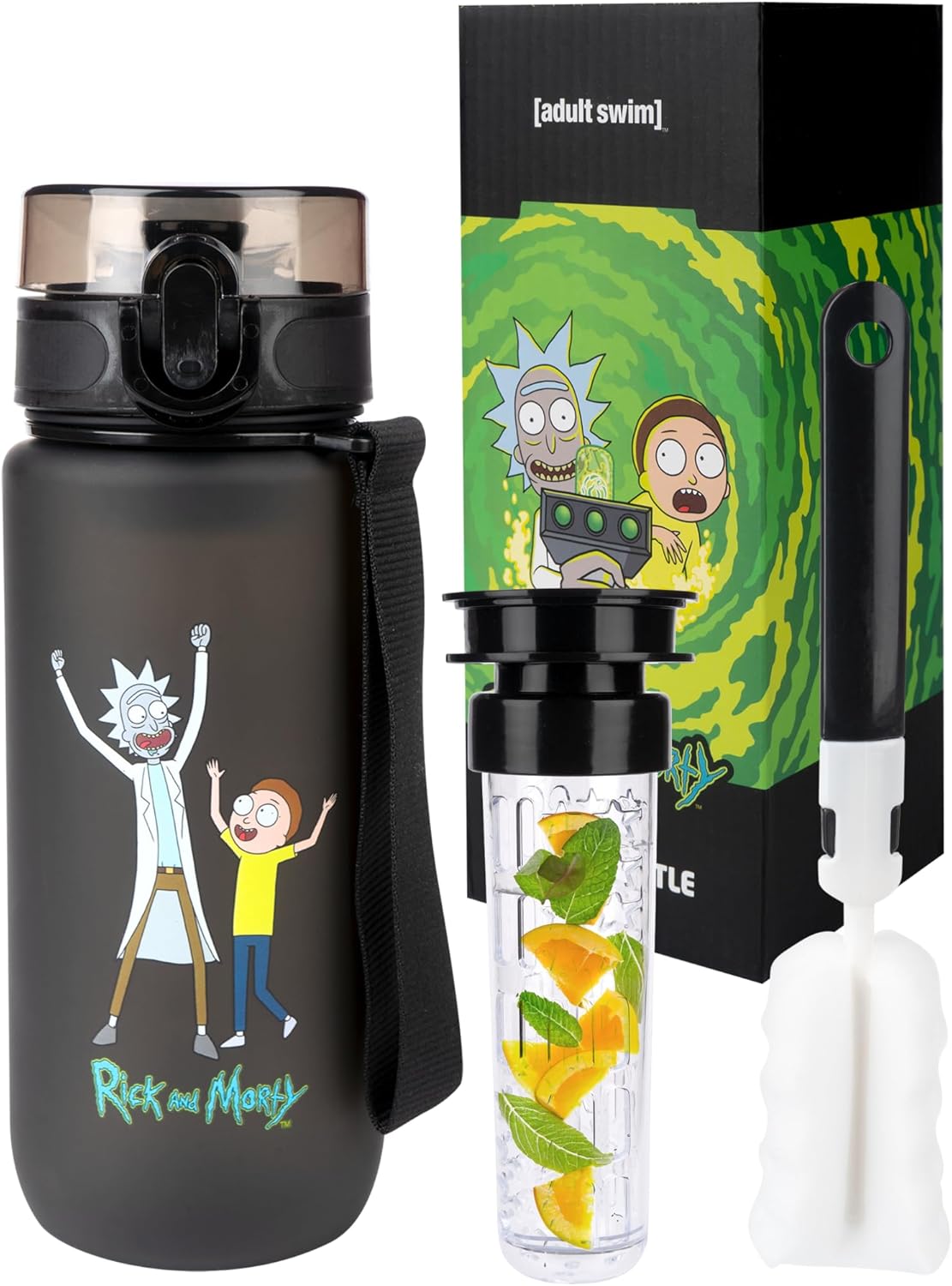MOMO WAY Rick & Morty 600 ml BPA-Free Tritan Water Bottle with Fruit Container and Bottle Cleaner, with 1-Click Closure, Sports Bottle for School, Work, Outdoor