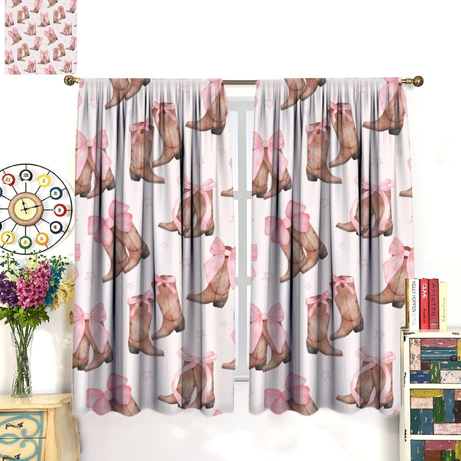 Cowgirl Curtains, Pink Bow Boots Pattern Blackout Window Treatments, Rod Pocket Thermal Insulated Drapes 2 Panel Sets for Bedroom Living Room Kitchen, 63" W X 63" L