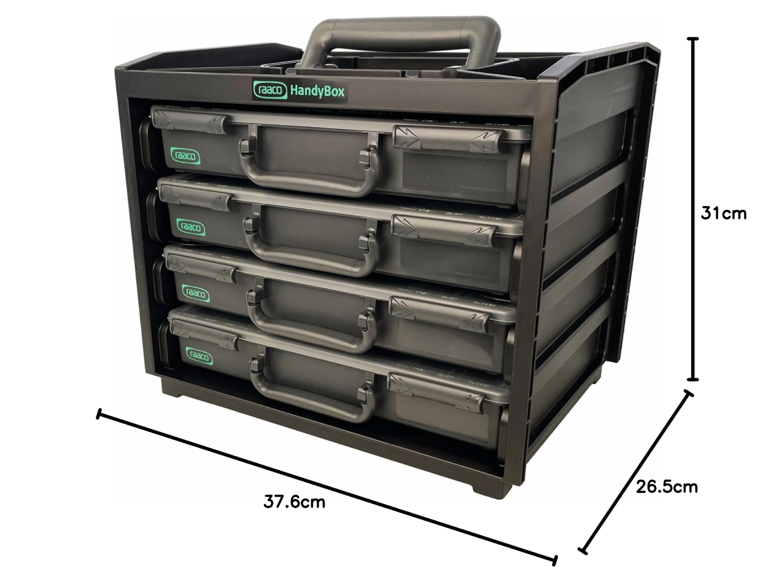 Raaco HandyBox, Capacidad de 25 kg, Caja Organizadora Resistente - set | Capacidad de 25 kg, Caja Organizadora Resistente para Taller, con 4 Cajas para Tornillos y Pequeñas Piezas, HandyBox, set
