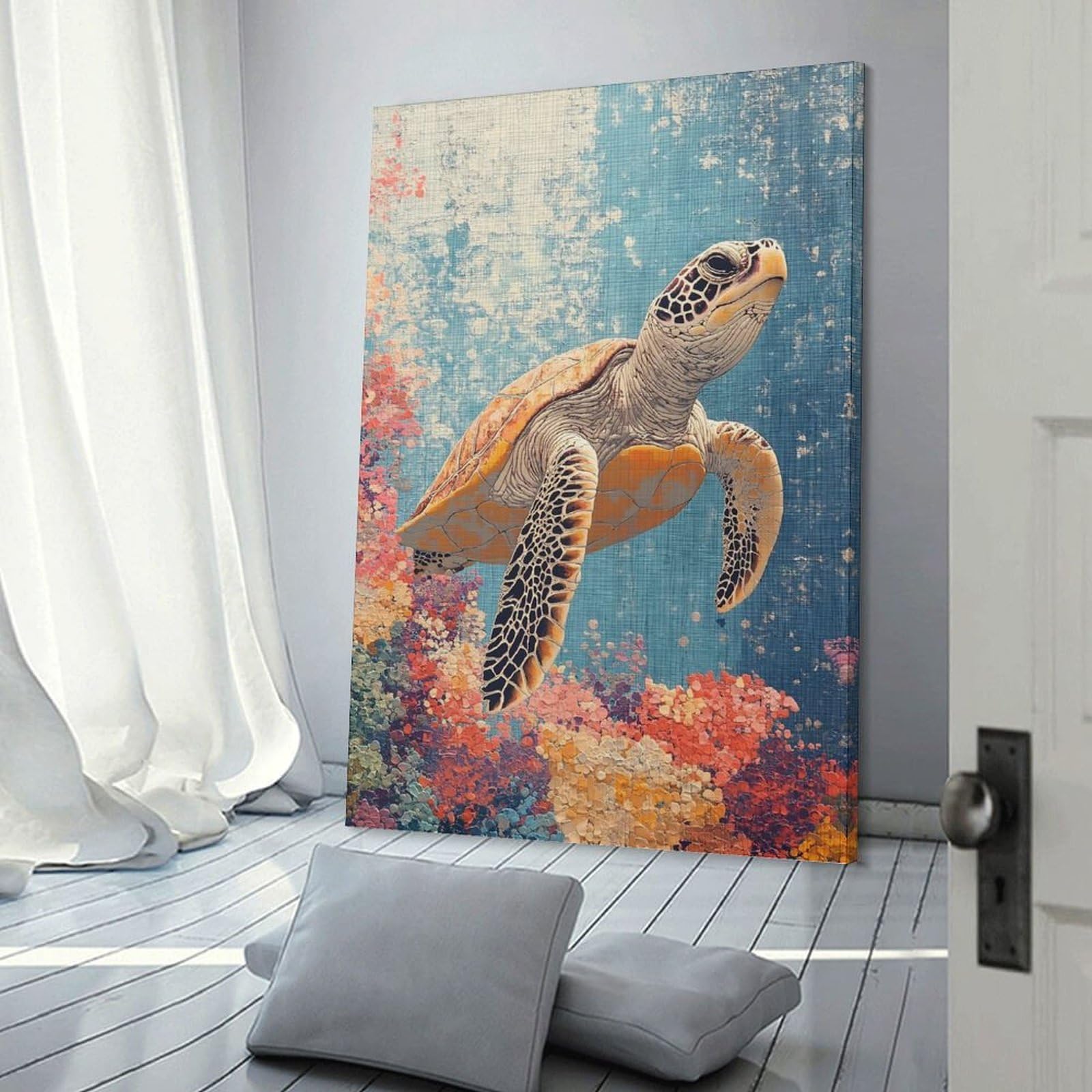 Junmoney Sea Turtle Swimming Over Coral Reef Wall Art Print 16x24inch(40x60cm), for Art Walls, Layered Displays Or Homes, Wall Decor Suited to Curated Displays