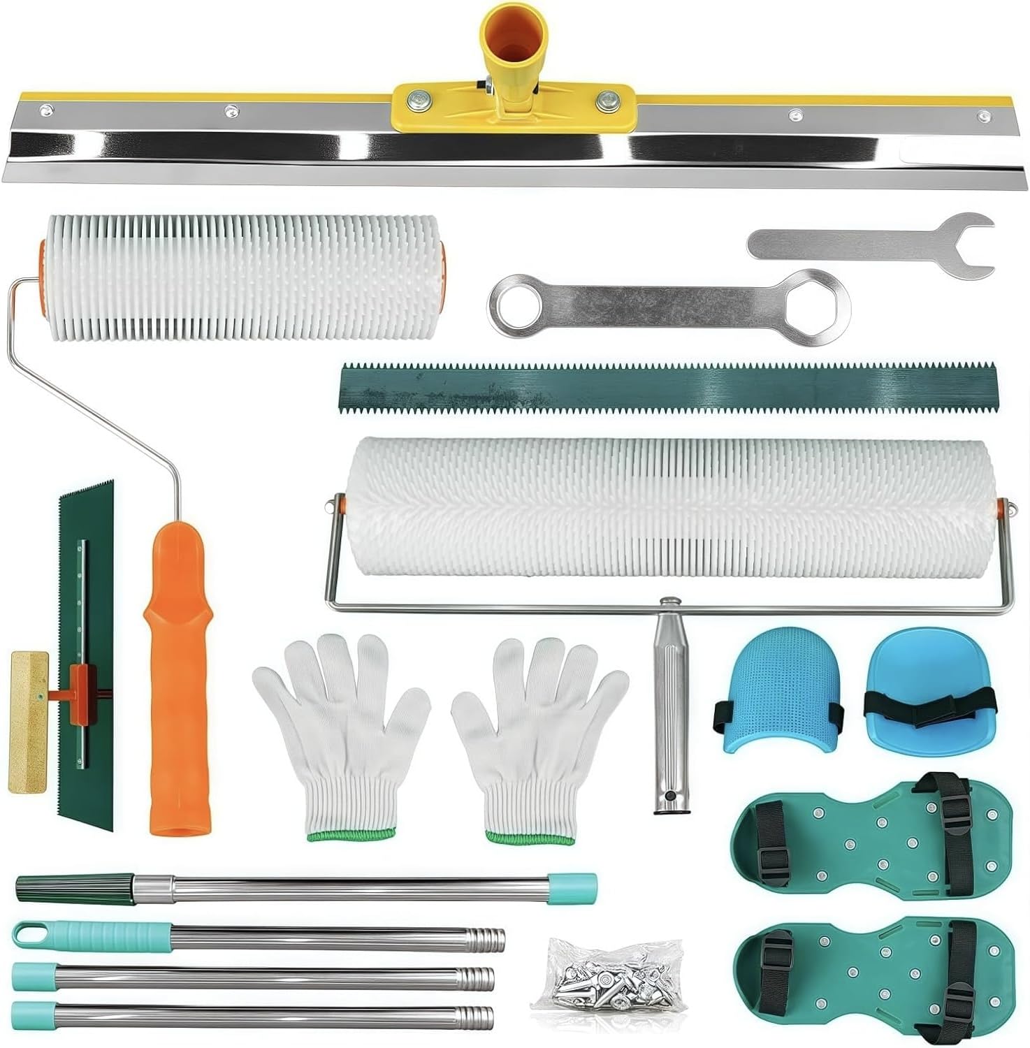 Noliven Upgraded Self Leveling Concrete Tool Kit - Spiked Roller, Paint Roller, Spiked Shoes, Self-leveling Nail, Gloves, Stainless Steel Scraper and Leveling Rake for Epoxy Floor and Cement - 1