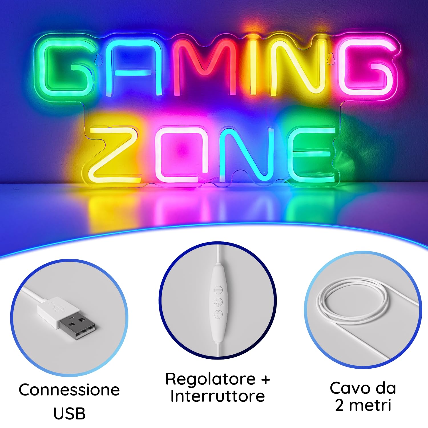 Luci Neon LED Gaming Zone Lampada Neon Parete Gamer, Insegna Luminosa LED Camera Decorazioni Gaming Room Muro, Scritta Neon, Luce Insigne Luminose. Connettore USB con Dimmer