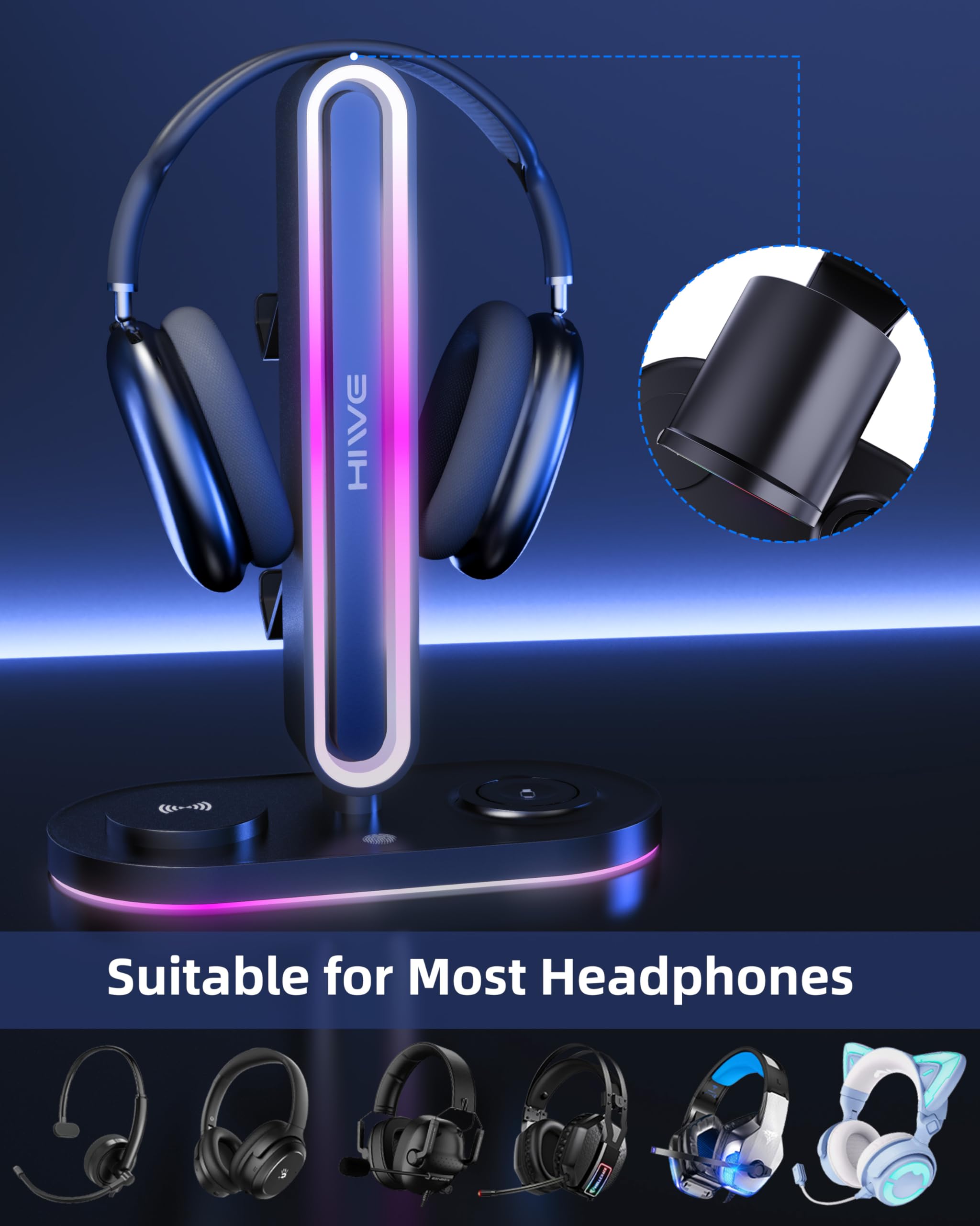 HiWe Supporto universale per cuffie da gioco RGB con 2 supporti per controller, caricabatterie wireless per iPhone/iWatch, ABS solido, base antiscivolo, nero