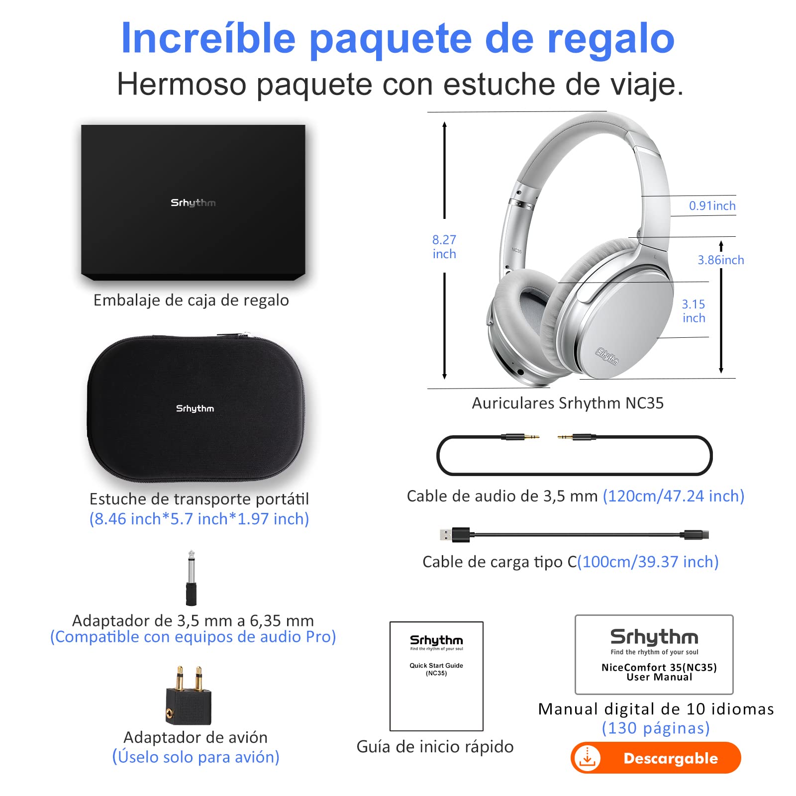 Srhythm NC35 Active Noise Cancelling Kopfhörer,Faltbar,Kabellos,Bluetooth 5.0,Over-Ear mit USB-C Schnellladung,Mikrofon,Sprachanruf,50+ Std. kompatibel für iOS Android TV PC(Generalüberholt)