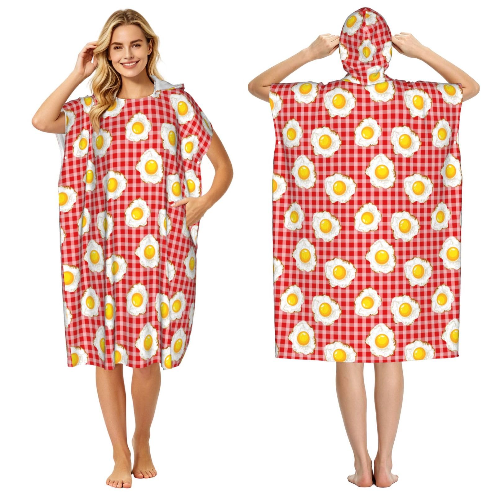 Poadnly Fried Eggs, Adult Hooded Beach Towel 90 x 110 cm,Changing Bath Robe, Surf Poncho Towel For Women Men