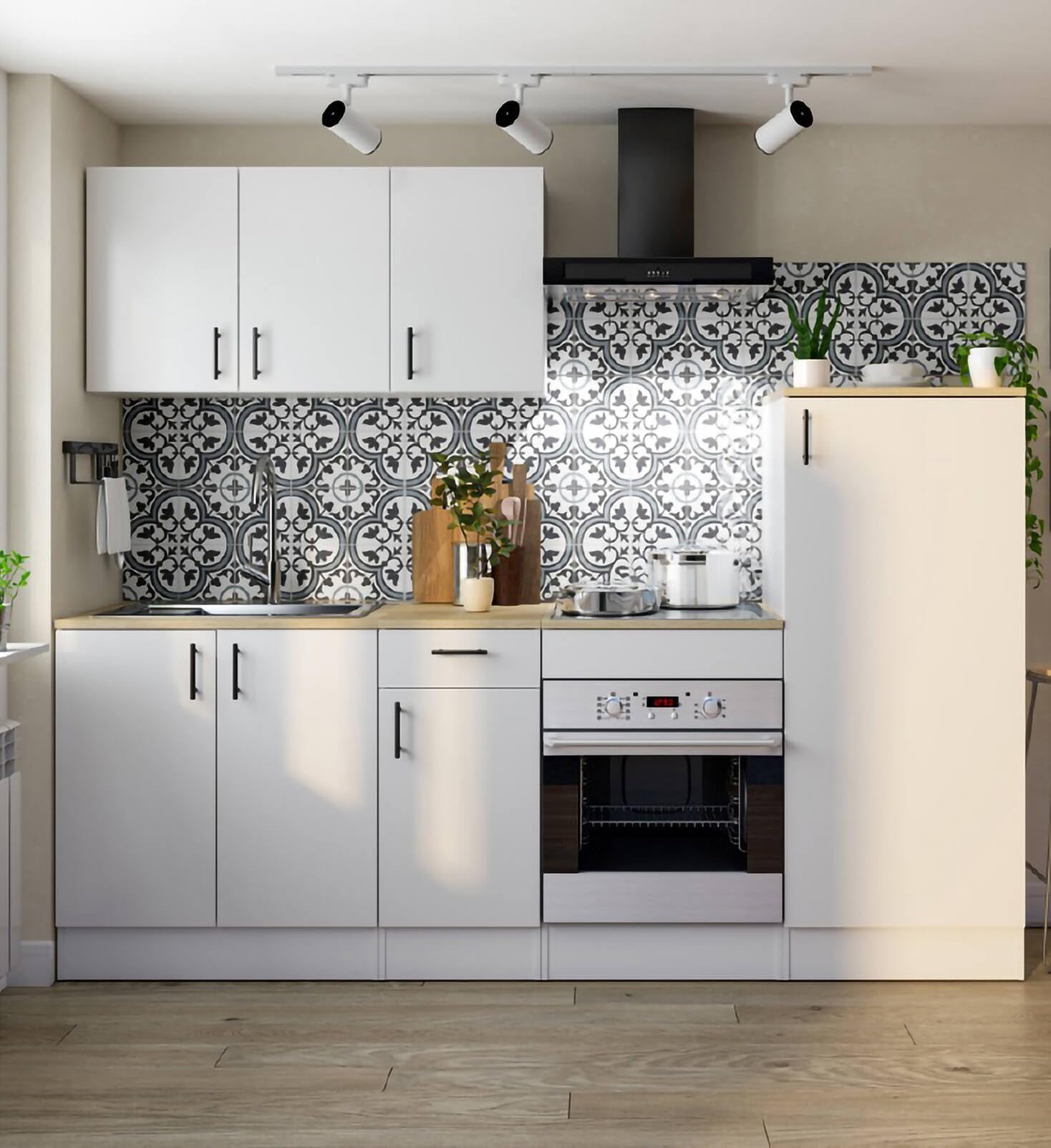 Dmora - Cucina completa Picenze, Composizione cucina moderna, Set cucina componibile, Soluzione cucina funzionale, Bianco e Rovere