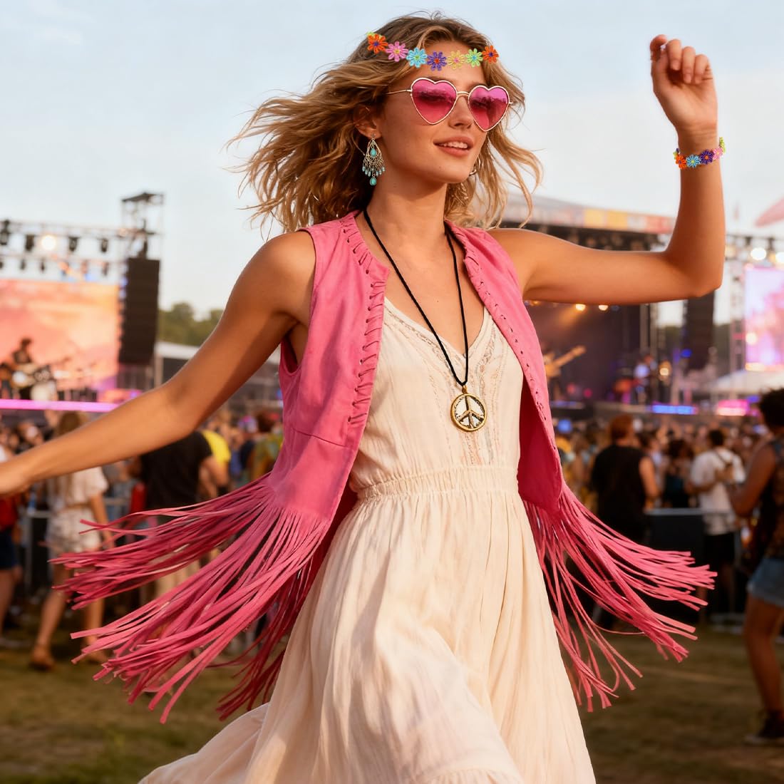 Aurasky Hippie Kostüm Damen, Hippie Fransenweste Brille Peace Halskette Haarband Armband Ohrringe, 70er Jahre Bekleidung Damen, Cowgirl Kostüm für Mottoparty Fasching Karneval