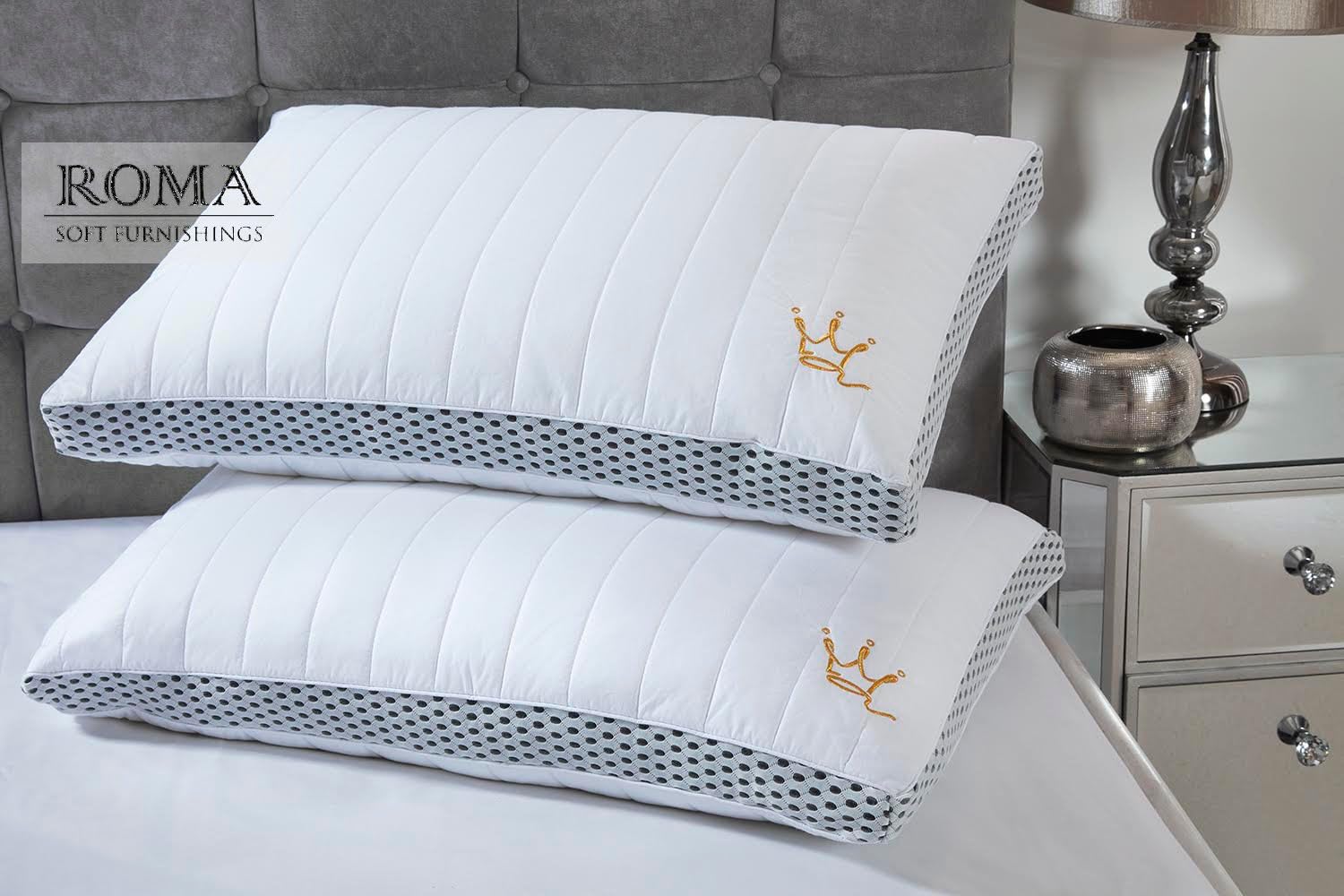 ROMA Quilted Pocket Sprung Pillow with Down Proof Fabric Anti-Allergy | Springs Bounce Back Support | Machine Washable 100% Cotton Fabric – Pack of 2