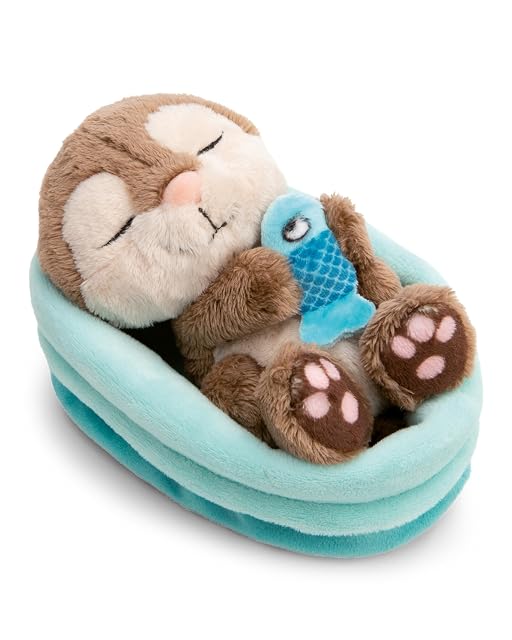 NICI peluche nutria con pez 12cm durmiendo en cesta azul - gris - Peluche suave, lindo para abrazar y jugar, para niños y adultos, una excelente idea de regalo - 61582