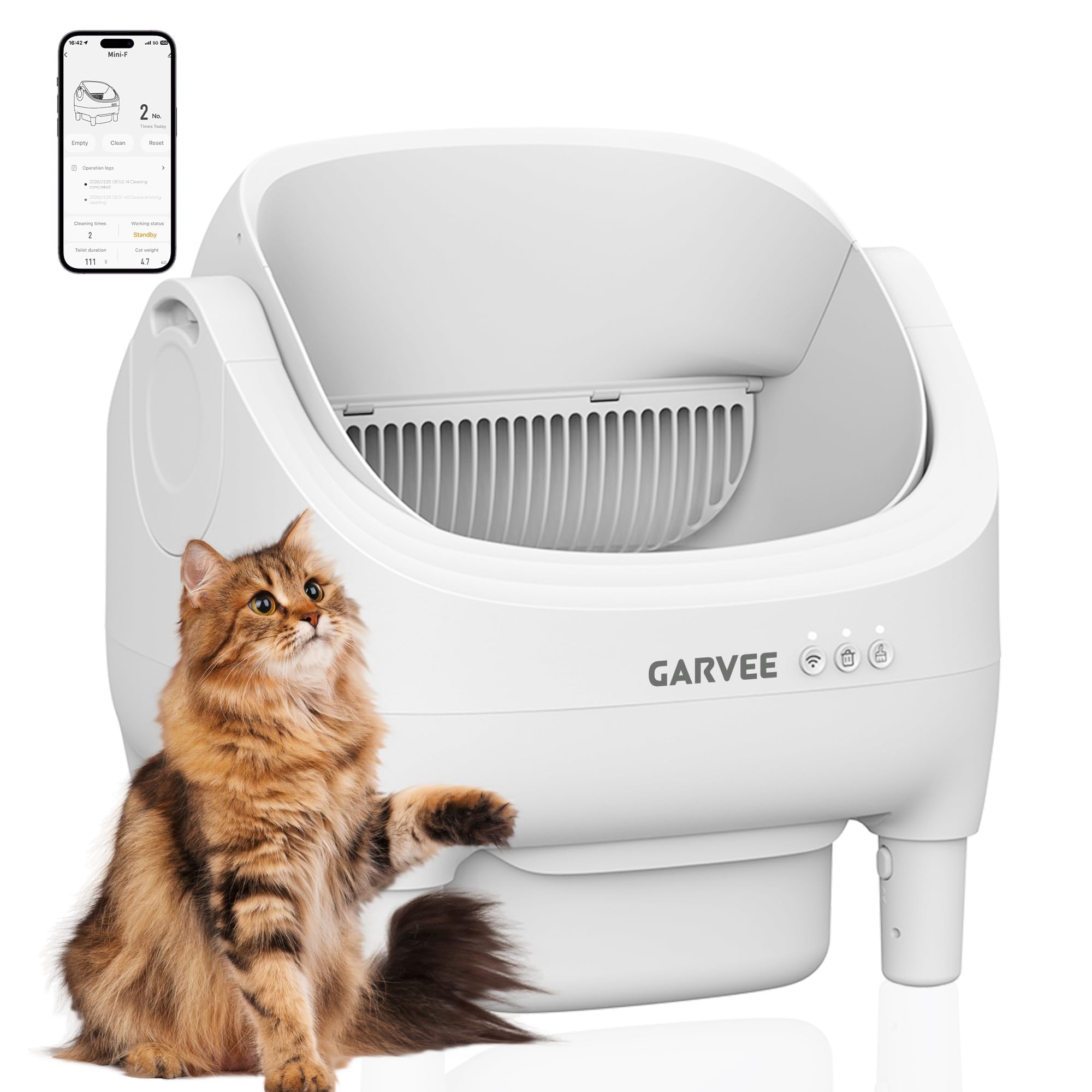 Garvee Self-Cleaning Cat Litter Box Mini-F, ABS Plastic Automatic Litter Box with Intelligent Safety System, Odor Control and Quiet Cleaning, 65L Capacity, White