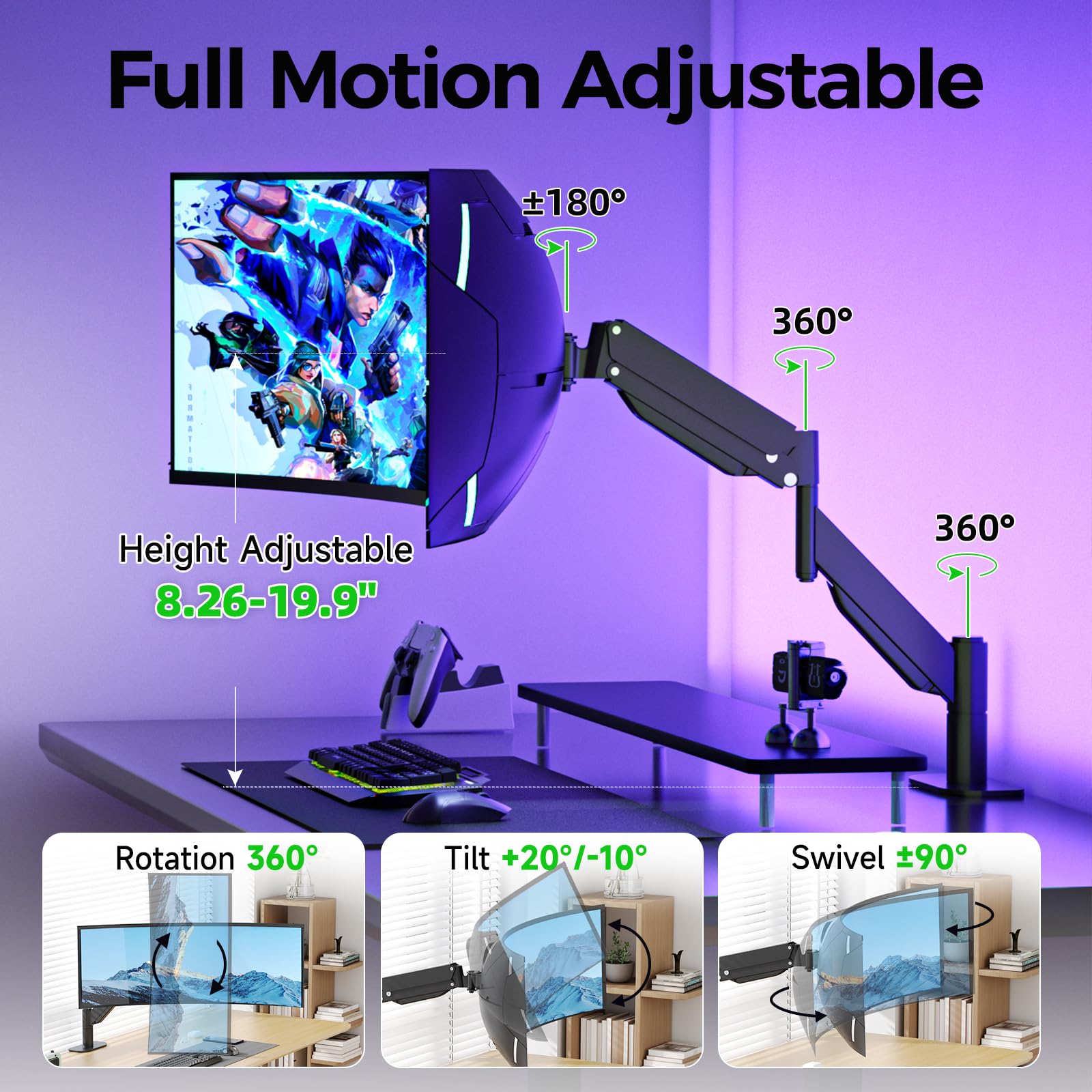 Suptek Support Ecran PC 27-49 Pouces Charge 22kg VESA 75/100mm Noir | Bras Écran Gaz Ergonomique, Support Gaming Incurvé VESA, Réglages Complets, Gain de Place sur Bureau de Télétravail