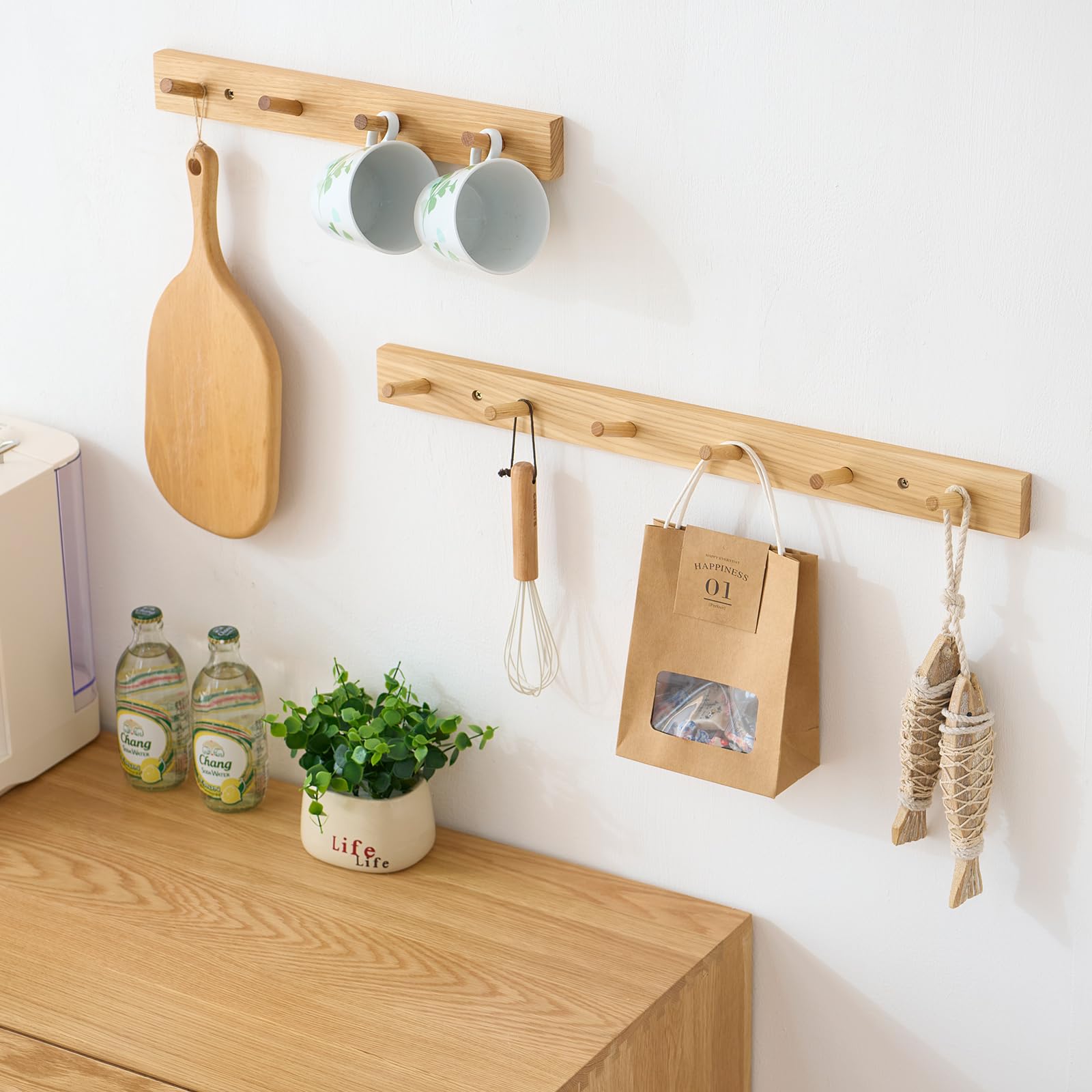 Wandkapstok pecannoten houten kledinghaken, 30 cm, garderobehaken, muur