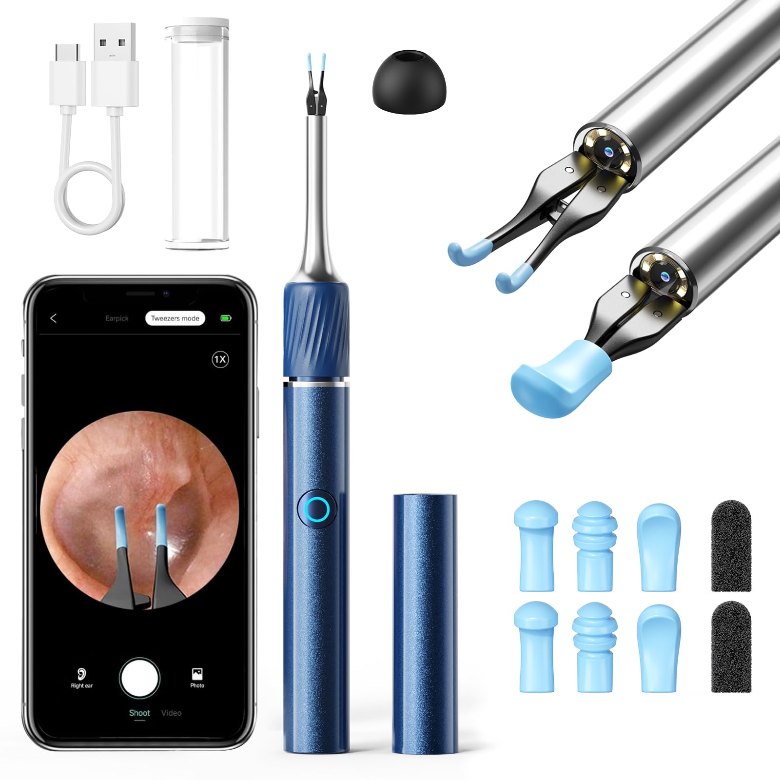 Qimic Ear Camera with Tweezers - Ear Cleaner with Camera,1080P HD Earwax Removal Tool with Light, IP67 Ear Cleaning Kit with 6 Ear Spoon, Ear Camera Otoscope for iPhone, Android