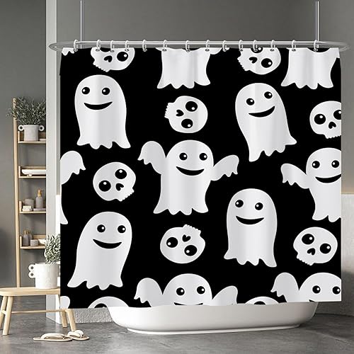 Miniatura 113 de Baocicco Juego de cortinas de ducha de fantasmas de Halloween, encantadores fantasmas de dibujos animados, divertidos trucos o tratos, cortinas de