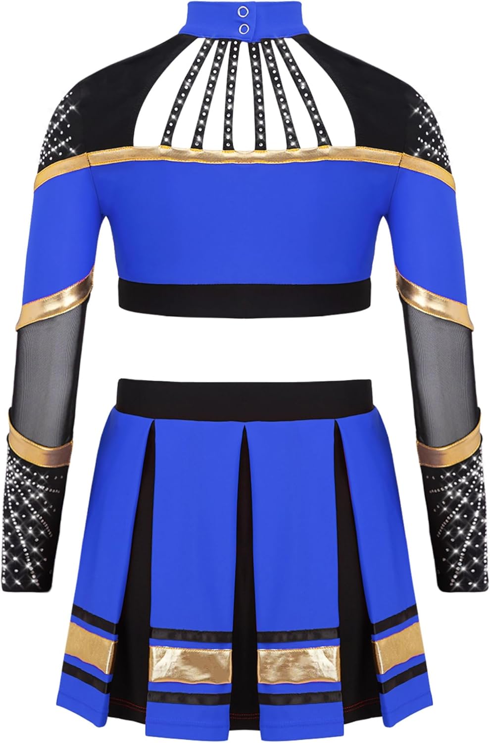 dPois Kids Girls Sparkly Cheerleading Uniform Long Sleeve Crop Top With Pleated Skirt School Performance Outfits